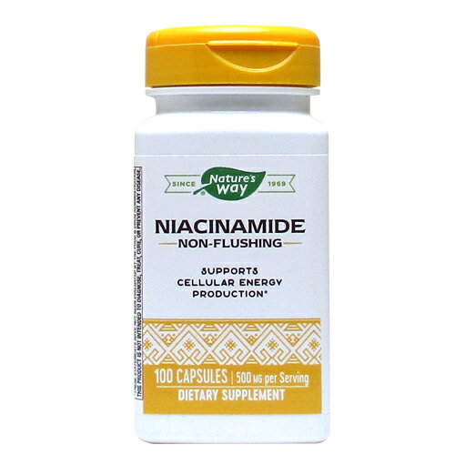 Niacinamide 500mg お酒が好きな方や美容に興味のある方に 人気のフラッシュフリー（赤くなりにくい）タイプ！ ナイアシンは水溶性のビタミンで、キレイなお肌をキープしたい方や、楽しくお酒を飲みたい方に人気の成分です。 食品では肉類や魚介類に含まれており、鶏肉やカツオ、マグロにたくさん含まれています。 数多くあるビタミンB群の中でもカラダのエネルギーサイクルに関連する成分と言われています。 この「ナイアシンアミド」はビタミンB3の短所をカバーしたフラッシュフリー（赤くなりにくい）タイプです。 ブツブツ感が気になる方や紫外線ケア、そして偏りがちな食生活やお酒と上手に付き合いたい方の健康サポートとしてお役立て下さい。 発売元 Nature's Way（ネイチャーズウェイ） 内容量 / 形状 / サイズ 100粒　※約100日分/ / 約20mm×7mm ※イラストはイメージで実際のものと色や形は異なります。 摂取目安・使用方法 ・栄養補助食品として1日1粒を目安にお召し上がりください。 ・食品ですのでどのように召し上がっても結構ですが、お食事と一緒のご摂取をおすすめします。 注意事項 ●次に該当する方はご摂取前に医師にご相談ください。 ・妊娠・授乳中 ・医師による治療・投薬を受けている ●お子様の手の届かない場所で保管してください。 ※ページ下部に記載の「サプリメント等についてのご注意」も必ずご確認ください。 アレルギー情報 グルテン、砂糖、塩、イースト、小麦、とうもろこし、大豆、乳製品、人工着色料、人工香味料、保存料は含まれておりません。 特記事項 - 成分表示 （1粒あたり） ◆ナイアシン　500mg （ナイアシンアミド[ビタミンB3]として） （その他成分） ◆ゼラチン（カプセル）、セルロース、ステアリン酸マグネシウム ・広告文責：Suplinx Corp. 0120-326-039 ・生産国：アメリカ製 ・商品区分：食品