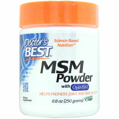 Best MSM Powder 250g Doctor's BestのMSMは、純度や品質の高さで信頼を集める Opti MSMを使用。毎日をアクティブに過ごしたい方をサポートします。 MSMは「メチルサルフォニルメタン」の略称で、天然に存在するイオウ化合物（有機イオウ）です。 MSMはコラーゲンの重要な構成要素です。MSMを補給することで、コラーゲンの効率的な合成に役立つと言われています。 こちらは、余計なものを含まないパウダータイプ。純度の高さや量の調整のしやすさで選ばれてます。ジュースやお好みの飲み物に混ぜて、特製ドリンクにどうぞ！ 年齢が気になり始めてきた方、日ごろから激しいスポーツをする方、階段の昇り降りがつらくなってきた方のアクティブな毎日を応援します。 Opti MSMとは OptiMSMは、厳格な分析試験と抽出方法で純度99.8%の世界で最も純粋なMSM（メチルスルホニルメタン）と言われ、品質と純度の高さで世界最高ブランドとして信頼されています。 発売元 Doctor's Best(ドクターズベスト)内容量 / 形状 / サイズ 250g（8.8oz） ※250回分 / ※イラストはイメージで実際のものと色や形は異なります。 摂取目安・使用方法 ・栄養補助食品として1日3スクープ（3g）を目安に、約240mlのお水やジュースに混ぜてお召し上がりください。 ・1日6スクープまでが目安です。注意事項 ・高温多湿を避けて保管してください。 ※ビーガン（ヴィーガン）仕様※非遺伝子組換え（Non-GMO）※ページ下部に記載の「サプリメント等についてのご注意」も必ずご確認ください。 アレルギー情報グルテン、大豆は含まれておりません。 特記事項 -成分表示 （3スクープ[3g]あたり） ◆MSM（OptiMSM&reg;由来メチルサルフォニルメタン）　　　　　3g (3000mg) ・広告文責：SVSコーポレーション（株） 0120-326-039 ・生産国：アメリカ製 ・商品区分：食品メーカー規格変更の為、商品のラベルや内容成分が異なる場合がございます。