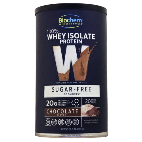 100％ Whey Isolate Sugar Free Protein 糖質ゼロ＆低脂肪！牧草飼育牛乳を素材にした高品質精製ホエイ添付スプーン1杯あたりの量カロリーたんぱく質量たんぱく質割合プロテインの種類・製法 約25.3g 90kcal 20g 79.0％ ・WPI（ホエイプロテインアイソレート） 糖質ゼロ、ラクトース（乳糖）を99％除去したホエイプロテイン。 Biochemのホエイは牧草飼育（グラスフェッド）牛の牛乳から作ったホエイを使用しています。 ■牧草飼育（グラスフェッド）牛由来プロテインの特徴 牧草飼育（グラスフェッド）牛は、無農薬の牧草で飼育され、かつ放牧で育てられた牛を指します。 おいしい草を食べて、ストレスの少ない環境で育った牛の牛乳は栄養価にも差がでてくるといわれています。 そんな健康な牛乳を素材として作られた100％ホエイ シュガーフリープロテインには 次のような特徴があります。 1) 高いプロテイン含有率と吸収性のWPI使用 牧草飼育（グラスフェッド）牛から生産される牛乳は栄養価が高いですが、 他の牛乳に比べると生産量が3分の1以下となり希少価値が高いといわれています。その貴重価値が高く、安全性も注目されている牧草飼育（グラスフェッド）牛のホエイを 精製しプロテイン含有率も吸収面も高めたWPI（ホエイプロテインアイソレート）のみを 使用していることが特徴です。2) 純度へのこだわり遺伝子組み換えウシ成長ホルモン（rBGH、rBST）不使用なことはもちろん、 コールドプロセス製法、精密ろ過法（限外ろ過法）といった特殊技術を用いることで、 タンパク質の栄養を壊さずに不要な脂肪や乳糖、コレステロールを除去しています。添付スプーン1杯あたり90kcalまで抑えながら、タンパク質を20gと高含有。これはプロアスリートが選ぶようなブランドと同等の数値です。カロリーが気になる方も安心してお召し上がりいただけます。&#160;さらに、BCAAも合計4.3gも補給できるのもうれしいところ。溶けやすくおいしいチョコレート味も人気の秘密です。糖質が気になる方はもちろん、余計な添加物を避けたい方、ダイエット中の食事制限でタンパク質補給量が少なくなりがちな方にはぴったりのプロテインです。プロテインシェイクとして飲むのも良し、さらに毎日の栄養バランスサポートの為に朝食のパンケーキを作る際やシリアルに混ぜたりするのもおすすめです。 発売元BIOCHEM内容量 / 形状 / サイズ355g（12.5 oz）※約14回分 / ※イラストはイメージで実際のものと色や形は異なります。摂取目安・使用方法・栄養補助食品として添付スプーン1杯（約25.3g）程度を目安に、約180mlのお水やお好みの冷たいお飲み物に混ぜてお召し上がりください。 ・溶けるまで、しっかり混ぜてください。 ・よりクリーミーな食感をお求めの場合は、氷と一緒にブレンダーで混ぜてお召し上がりください。 ・お好みでフルーツを入れてもおいしくお召し上がりいただけます。 注意事項●成人を対象とした商品です。●次に該当する方はご摂取前に医師にご相談ください。・妊娠・授乳中・医師による治療・投薬を受けている・手術の予定がある●ご摂取後に何らかの不調が起こった場合は、ご摂取を中止し医師にご相談ください。●摂氏15〜30度の間で保管してください。●お子様の手の届かない場所で保管してください。●粉末が固まる場合がございます。●計量にてボトル詰めを行なっております。まれに、ボトル内の容積が多かったり少なかったりバラついて見えることがあります。※非遺伝子組み換え（Non-GMO）※グラスフェッド仕様※コーシャー仕様乳製品認定※ページ下部に記載の「サプリメント等についてのご注意」も必ずご確認ください。 アレルギー情報・牛乳を含みます。・砂糖、グルテン、イースト、小麦、大豆、保存料、人工着色料、人工香味料、人工甘味料、ステアリン酸マグネシウムは含まれておりません。特記事項商品の中に添付スプーンが含まれております。成分表示（添付スプーン1杯[25.3g]あたり） ◆エネルギー 　　　　　　　　　　　　　　　　90kcal ◆総脂質量　　　　　　　　　　　　　　　　　　0.5g ◆コレステロール 　　　　　　　　　　　　　 　5mg ◆総炭水化物量 　　　　　　　　　　　　　 　 2g ・糖質　　　　　　　　　　　　　　　　　　　　0g ◆タンパク質　　　　　　　　　　　　　　　　　 20g ◆カルシウム　　　　　　　　　　　　　　　　　 80mg ◆鉄分　　　　　　　　　　　　　 　　　　　　　1mg ◆リン　　　　　　　　　　　　　　　　　 　　　60mg ◆マグネシウム　　　　　　　　　　　　　　　　 22mg ◆ナトリウム　　　　　　　 　　　　　　　　　　55mg ◆カリウム　　　　　　　　　　　　　 　　　　　190mg ◆タンパク質（ホエイプロテイン由来）　　　　　　20g（その他成分） ◆カカオ（アルカリ処理）、サンフラワー（ヒマワリ）レシチン、キサンタンガム、ナチュラルフレンチバニラ香味料、レバウディオサイドA（ステビア葉抽出）・広告文責：Suplinx Corp. 0120-326-039・生産国： アメリカ製・商品区分：食品