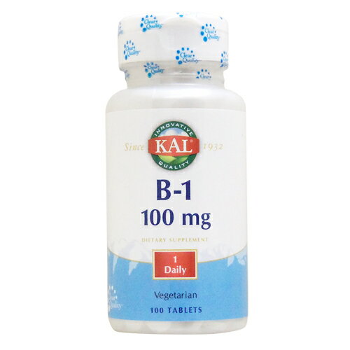 米食の日本人には不足しやすいビタミンだから、積極的に補給！ ビタミンB1はチアミンとも呼ばれ、豚肉やレバー、豆類、玄米、牛乳などに含まれています。水溶性のビタミンで、熱に弱く調理による損失で十分な補給を目指すならサプリメントがおすすめです。 ビタミンB1は、私たちを健康に保つのに欠かせないビタミンです。 発売元 KAL社(カル) 内容量 / 形状 / サイズ 100粒　 / サイズ: 約17mm×6mm ※イラストはイメージで実際のものと色や形は異なります。 摂取目安・使用方法 ・栄養補助食品として1日1粒を目安にお召し上がりください。 ・食品ですのでどのように召し上がっても結構ですが、お食事と一緒のご摂取をおすすめします。 注意事項 ●安全シールが破損もしくは欠損している場合は使用しないでください。 ●お子様の手の届かない場所で保管してください。 ●医師による治療・投薬を受けている方はご摂取前に医師にご相談ください。 ●高温多湿を避けて保管してください。 ※ベジタリアン/ビーガン（ヴィーガン）仕様 ※ページ下部に記載の「サプリメント等についてのご注意」も必ずご確認ください。 アレルギー情報 特記事項 - 成分表示 （1粒あたり） ◆ビタミンB-1 100mg （1日摂取量% 6.667%） （その他成分） ◆セルロース、ステアリン酸、シリカ、ステアリン酸マグネシウム ※2020年12月現在 ・広告文責：Suplinx Corp. 0120-326-039 ・生産国： アメリカ製 ・商品区分：食品
