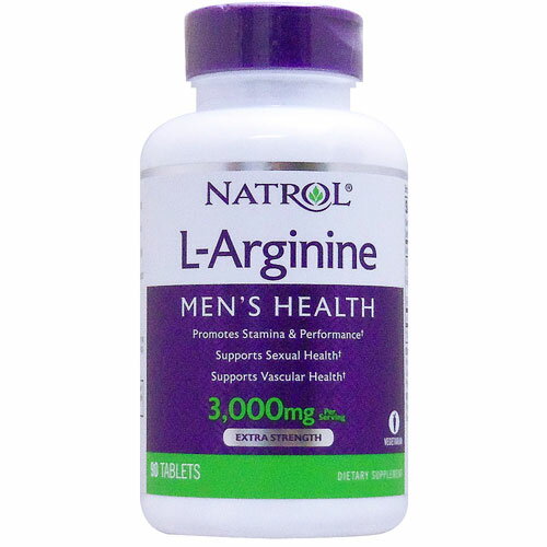 L-Arginine 3000mg Advanced Erectile Formula 3粒で3000mgの量が自慢！ 3つのビタミンBも配合で元気と気合がもりもり &nbsp; &nbsp; 昼も夜も自信に満ちた男の元気をサポート &nbsp; 約30日分タップリ！しかも、1日あたり100円以下の高コスパ &nbsp; 動物由来成分は不使用！ベジタリアンにもおすすめ &nbsp; 年齢を重ねても昼間はもちろん、夜も元気いっぱい楽しむ男性の間で注目されている「アルギニン」。 アルギニンはアミノ酸の一種で、もともと私たちの体を構成する成分です。 30歳ごろをピークに減少していくといわれ、働き盛りの男性はとくに食事からの補給が必要です。 アルギニンは健康や美容、スポーツ、ダイエットなどさまざまな役割が期待され、年齢を重ねても常に補っていきたい成分です。 自信たっぷり帝王と呼ばれたい男のために ・ いくつになってもパートナーを満足させたい ・ 若々しさをキープしたい ・ 夜の帝王とは俺のこと！ ・ 体力・タフさをキープしたい ・ 体調はいつも気にしている こんな男性に注目され選ばれているアルギニンは、男らしい体づくりや活動的な毎日を応援します。Natrol社の「Lアルギニン 3000mg」には、1粒に1000mgのアルギニンをたっぷり含みます。 ■タフさやエネルギーをサポートするビタミンBも一緒に！ アルギニンは、ビタミンB6やビタミンB12といったビタミンB群と相性が良いアミノ酸だといわれています。 ビタミンBは、食事からエネルギーを作り出す際に大切な栄養素です。Natrol社の「Lアルギニン 3000mg」には、これらのビタミンもしっかり配合。力強さやスタミナサポートで選ばれるブレンドになっています。 いつまでも若々しくシャープな体づくりを目指す方も元気あふれるエネルギッシュな毎日を送りたい方も、情熱と自信、スタミナタップリの毎日のために「Lアルギニン 3000mg」をお役立て下さい。 発売元 NATROL(ナトロール) 内容量 / 形状 / サイズ 90粒 ※約30日分 / / 約19mm×8mm ※イラストはイメージで実際のものと色や形は異なります。 摂取目安・使用方法 ・栄養補助食品として1日1回3粒を目安にお召し上がりください。 ・食品ですのでどのように召し上がっても結構ですが、お食事と一緒のご摂取をおすすめします。 注意事項 ・医師による治療・投薬を受けている方はご摂取前に医師にご相談ください。 ・高温多湿を避けて保管してください。 ・お子様の手の届かない場所で保管してください。 ※ベジタリアン仕様 ※ページ下部に記載の「サプリメント等についてのご注意」も必ずご確認ください。 アレルギー情報 牛乳、卵、魚、甲殻類、木の実、小麦、大豆、ピーナッツ、イースト、人工着色料、人工香味料、砂糖、保存料は含まれておりません。 特記事項 - 成分表示 （3粒あたり） ◆ビタミンB6（ピリドキシンHClとして）　　　 10mg ◆葉酸　　　　　　　　　　　　　　　　　 333mcg（葉酸 200mcg） ◆ビタミンB12（シアノコバラミン）　　 50mcg ◆Lアルギニン　　　　　　　　　　　　 3000mg （その他成分） ◆微結晶セルロース、ヒプロメロース、ステアリン酸、二酸化ケイ素、セルロースガム、ステアリン酸マグネシウム、メチルセルロース、第二リン酸カルシウム、グリセリン ・広告文責：SVSコーポレーション（株） 0120-326-039 ・生産国：アメリカ製 ・商品区分：食品