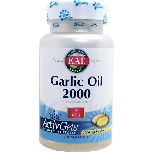 Garlic Oil 2000 500倍濃縮のガーリックオイル！ モリモリのニンニクパワーを手軽に1粒で KAL社の「ガーリックオイル 2000」は、健康維持やスタミナ補給にと、昔から愛用されてきた「ニンニク」のオイルを1粒に凝縮しました。 500倍濃縮したガーリックオイルを使用し、ニンニク2000mg相当の栄養を1粒で補えます。 ニンニクにはたくさんの栄養成分が含まれていますが、その中でも注目を集めているのが、「アリシン」と生ニンニクにわずかしか含まれない「スコルジニン」です。 生活習慣が気になる方やダイエット時の栄養補給など、これらのガーリックパワーを手軽にサプリで補給しましょう。 若々しい健康ライフのために、こちらもぜひお試し下さい。 ◆生マカ 750mg（6倍濃縮ロー・マカ/ベジタリアン仕様） 高品質な生マカ4500mg相当を1粒にギュッと凝縮 ◆ドクターズベスト 濃縮ノニ 650mg 1粒に650mgの高濃縮でジュースよりもお手軽＆お買い得！ 発売元 KAL（カル） 内容量 / 形状 / サイズ 100粒 ※約50日分 / ※イラストはイメージで実際のものと色や形は異なります。 摂取目安・使用方法 ・栄養補助食品として1日2粒を目安にお召し上がり下さい。 ・食品ですのでどのように召し上がっても結構ですが、お食事と一緒のご摂取をおすすめします。 注意事項 ・お子様の手の届かない場所で保管して下さい。 ・抗血液凝固剤やその他処方箋薬を服用中の方はご摂取前に医師にご相談下さい。 ・高温多湿を避けて保管して下さい。 ※ページ下部に記載の「サプリメント等についてのご注意」も必ずご確認下さい。 アレルギー情報 大豆は含まれておりません。 特記事項 ※ソフトジェルの特性上、高温の環境下でソフトジェル同士が付着する場合がございますが品質には問題はございません。 成分表示 （2粒あたり） ◆エネルギー　　10kcal ・脂質からのエネルギー　　　10kcal ◆ガーリックオイル 　　　4mg（ホールガーリック2000mgに相当）◆パセリ種子オイル　　4mg（ホールパセリ200mgに相当） （その他成分） ◆サンフラワーオイル、ゼラチン、グリセリン、精製水 ・広告文責：SVSコーポレーション（株） 0120-326-039 ・生産国：アメリカ製 ・商品区分：食品