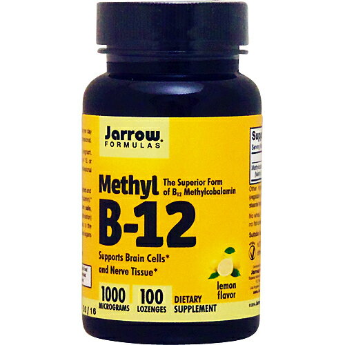 Methyl B12, Methylcobalamin ベジタリアン仕様の活性型ビタミンB12！ レモン風味のトローチタイプでお手軽に補給 Jarrow Formulas社の「メチルB-12」は1粒に1000mcgのビタミンB12を含有し、「メチルコバラミン」という活性の高いフォームを使用しています。レモン風味のトローチタイプです。1日1粒という手軽さで毎日補給していただけます。 メチルB-12（メチルコバラミン）とは 赤いビタミンと呼ばれることもあるビタミンB12は仲良し成分の葉酸と協力して、プレママの健康サポートや女性のデリケートな体調を応援します。 健康のサポートだけでなく、忙しい現代生活を送るビジネスマンからも選ばれています。男女問わず、毎日の健康管理としてぜひお役立て下さい。 リニューアルにともない、パッケージ、成分＆用法が新しくなりました。 ご注文のタイミングにより、旧規格の商品が届く場合がございます。ご購入前にオペレーターまでご確認ください。 発売元 Jarrow　Formulas（ジャローフォーミュラ） 容量 100粒 ※約100日分 形状 サイズ 約11mm×11mm ※イラストはイメージで実際のものと色や形は異なります。 お召し上がり方 栄養補助食品として1日1粒を目安にお召し上がり下さい。 ※英文ラベル日本語訳 注意事項 ●次に該当する方はご摂取しないで下さい。 ・妊娠・授乳中 ・妊娠を考えている ・医師による治療・投薬を受けている ・18歳未満 ●天然由来成分を原料にしております関係上、商品ごとに色味が異なる場合もありますが品質には問題ございません。 ●お子様の手の届かない場所で保管して下さい。 ※ベジタリアン/ビーガン仕様 ※小麦、グルテン、大豆、乳製品、卵、魚貝類、ピーナッツ、木の実は含まれておりません。 ※ページ下部に記載の「サプリメント等についてのご注意」も必ずご確認下さい。 成分表示 （1粒あたり） ◆メチルコバラミン（メチルB12） 1000mcg （その他成分） ◆キシリトール、セルロース、野菜由来ステアリン酸、レモン香料、野菜由来ステアリン酸マグネシウム、クエン酸、二酸化ケイ素 ・広告文責：SVSコーポレーション（株） 0120-326-039　・生産国：アメリカ製　・商品区分：食品※メーカーの規格変更にともない、パッケージ等がWEBご案内内容と異なる商品が届く場合がございます。