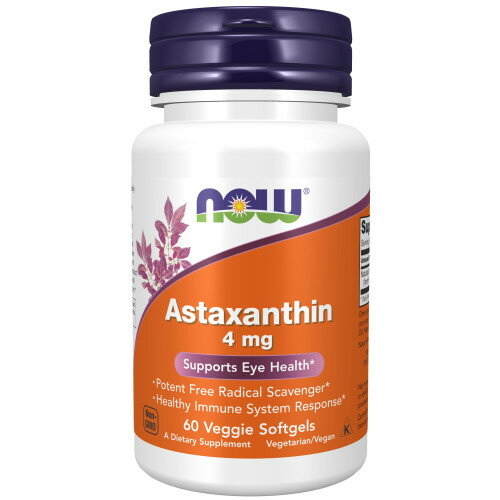 Astaxanthin　4mg 美容面に磨きをかけ、若々しさを応援する赤い色素パワー 年齢を重ねても若々しさや美容に自信を持つ方たちの間で話題となっているキーワードが「アスタキサンチン」。アスタキサンチン愛用者の中で「年齢をいうと驚かれる」という人が増えています。 さらにアイサポートとしてパソコンなどのデジタル作業が多いビジネスマンや研究者からも選ばれる健康成分です。 ■パワフルな植物由来の赤い色素 アスタキサンチンは、ベータカロテンなどと同じようにカロテノイド（カロチノイド）の一種。鮭やカニ、エビ、藻類などに含まれる赤い色素成分です。その健康・美容パワーはビタミンEやルテインなどをはるかにしのぐといわれ人気です。 ちなみに、鮭やカニの赤い色も、もともとはそのエサとなるヘマトコッカス藻の色素から由来するもの。 そういう意味ではアスタキサンチン自体は植物性だということができますね。 ※ヘマトコッカス藻細胞 ■藻由来のアスタキサンチン 植物エキスに特化した原材料メーカーvalensa社のZanthin&reg;という成分を使用。スーパークリティカルCo2プロセスという方法を用いてヘマトコッカス藻より抽出しています。この方法で抽出したアスタキサンチンは安定性が高く保存性も良いので、サプリメントとしてピッタリの素材となっています。 いつも健康的でキレイを続けたい方も、デジタル時代をクッキリ、ハッキリと過ごしたい方も、「アスタキサンチン」補給をぜひ！ 発売元 NOW (ナウ) 容量 60粒 ※約60日分 　 形状 サイズ 約13mm×7mm ※イラストはイメージで実際のものと色や形は異なります。 お召し上がり方 栄養補助食品として1日1粒を目安にお召し上がり下さい。 ※英文ラベル日本語訳 注意事項 ●次に該当する方はご摂取前に医師にご相談下さい。 ・妊娠・授乳中 ・医師による治療 ・投薬を受けている ●成人を対象とした商品です。 ●お子様の手の届かない場所で保管して下さい。 ●高温多湿を避けて保管して下さい。 ※ベジタリアン、ビーガン仕様 ※ページ下部に記載の「サプリメント等についてのご注意」も必ずご確認下さい。 アレルギー 情報 ・大豆由来トコフェロール（ビタミンE）を含みます。 ・小麦、グルテン、牛乳、卵、魚、貝類、木の実は含まれておりませんが、これらのアレルゲンを含む他の原材料を加工しているGMP認定工場で製造しております。 特記事項 ※高温の環境下でソフトジェル同士が付着する場合がございますが品質には問題はございません。 成分表示 （1粒あたり） ◆Zanthin&reg;天然アスタキサンチン（ヘマトコッカスエキス由来） 4mg （その他成分） ◆エクストラバージンオリーブオイル、ベジタリアンソフトジェルカプセル（グリセリン、調整コーンスターチ、カラギーナン、ソルビトール、水）、抗酸化ブレンド（ミックストコフェロール、ローズマリーエキス） ・広告文責：SVSコーポレーション（株） 0120-326-039　・生産国：アメリカ製　・商品区分：食品