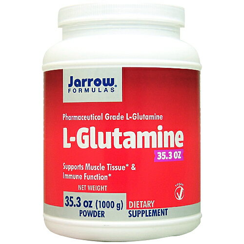 L-Glutamine 1000g たっぷり500回分！リカバリーサポートのアミノ酸 Lグルタミンは、私たちの体を構成するアミノ酸。アスリートやスポーツに取り組む方々の健康と体作りを応援します。とくにリカバリー面で選ばれています。 混じり気の無い100％ピュアなパウダータイプ。アメリカの医薬品グレードという品質の高さも人気の理由です。発酵法を用いて作られており、動物由来成分を含まないのでベジタリアンのアスリートにもおすすめです。 たっぷり1kg入っているので、ヘビーユーザーの方はぜひどうぞ。 ベジタリアン、ビーガン（ヴィーガン）仕様の商品とは？ ベジタリアンやビーガン（ヴィーガン）仕様のサプリメントは、一般的に動物由来の原料を使用していないことを意味します。 ベジタリアン製品の中には、ミルクや卵のように動物を殺生せず入手することができる原料を含むことがあります。その点、ビーガン（ヴィーガン）製品には、一切の動物由来の原料は含まれていません。一般的な定義は以下のように言われています。 &nbsp; 獣肉 魚 乳製品 （牛乳、チーズ） 卵 蜂製品 （ハチミツ、プロポリス等） ベジタリアン × × ○ ○ ○ ビーガン （ヴィーガン） × × × × × ※ベジタリアン、ビーガン（ヴィーガン）でない方でもお召し上がりいただけます。 発売元 Jarrow Formulas（ジャローフォーミュラ） 容量 1000g　※約500回分 形状 サイズ &nbsp; ※イラストはイメージで実際のものと色や形は異なります。 お召し上がり方 栄養補助食品として1回あたり小さじ1/2杯（約2g）を目安にお召し上がり下さい。 ※英文ラベル日本語訳 注意事項 ●次に該当する方はご摂取前に医師にご相談下さい。 ・医師による治療・投薬を受けている ・妊娠・授乳中 ・妊娠を考えている ・18歳未満 ・医薬品（向精神薬を含む）を服用中 ●お子様の手の届かない場所で保管して下さい。 ●高温多湿を避けて保管して下さい。 ●計量にてボトル詰めを行っております。まれに、ボトル内の容積が多かったり少なかったりバラついて見えることがあります。 ※ベジタリアン/ビーガン仕様 ※ページ下部に記載の「サプリメント等についてのご注意」も必ずご確認下さい。 アレルギー 情報 小麦、グルテン、大豆、乳製品、卵、魚介類、ピーナッツ、木の実は含まれておりません。 成分表示 （小さじ1/2杯あたり[約2g]） ◆Lグルタミン　2g ・広告文責：SVSコーポレーション（株） 0120-326-039　・生産国：アメリカ製　・商品区分：食品