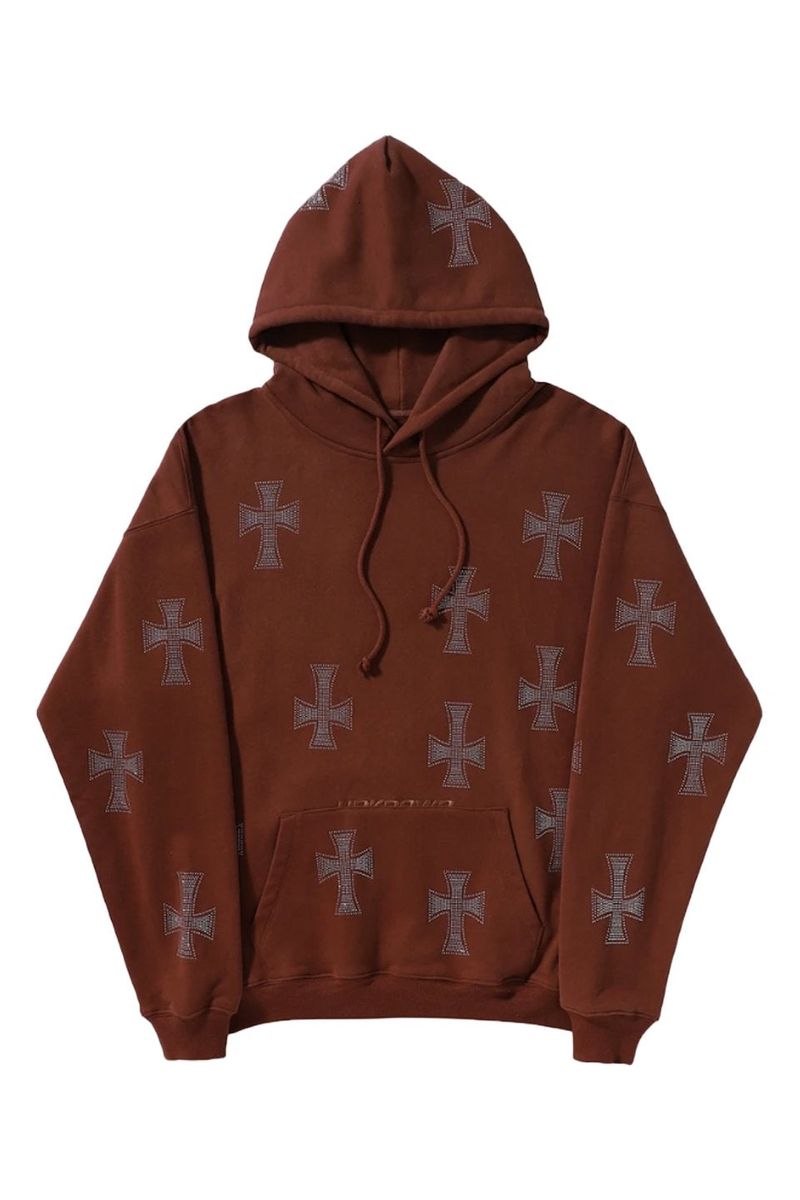 楽天SUPPLIER【40％OFF Unknown London公式】Brown Cross Rhinestone Pullover Hoodie ストリート ファッション ヒップホップ ダンス 大きいサイズ ゆったり トレンド メンズ レディース