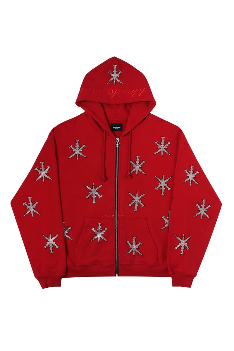 楽天SUPPLIER【30％OFF Unknown London公式】Black Outline Dagger Rhinestone Red Hoodie ストリート ファッション ヒップホップ ダンス 大きいサイズ ゆったり トレンド メンズ レディース