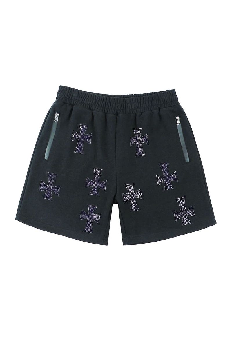 【40 OFF Unknown London公式】Purple Cross Rhinestone Shorts ストリート ファッション ヒップホップ ダンス 大きいサイズ ゆったり トレンド メンズ レディース