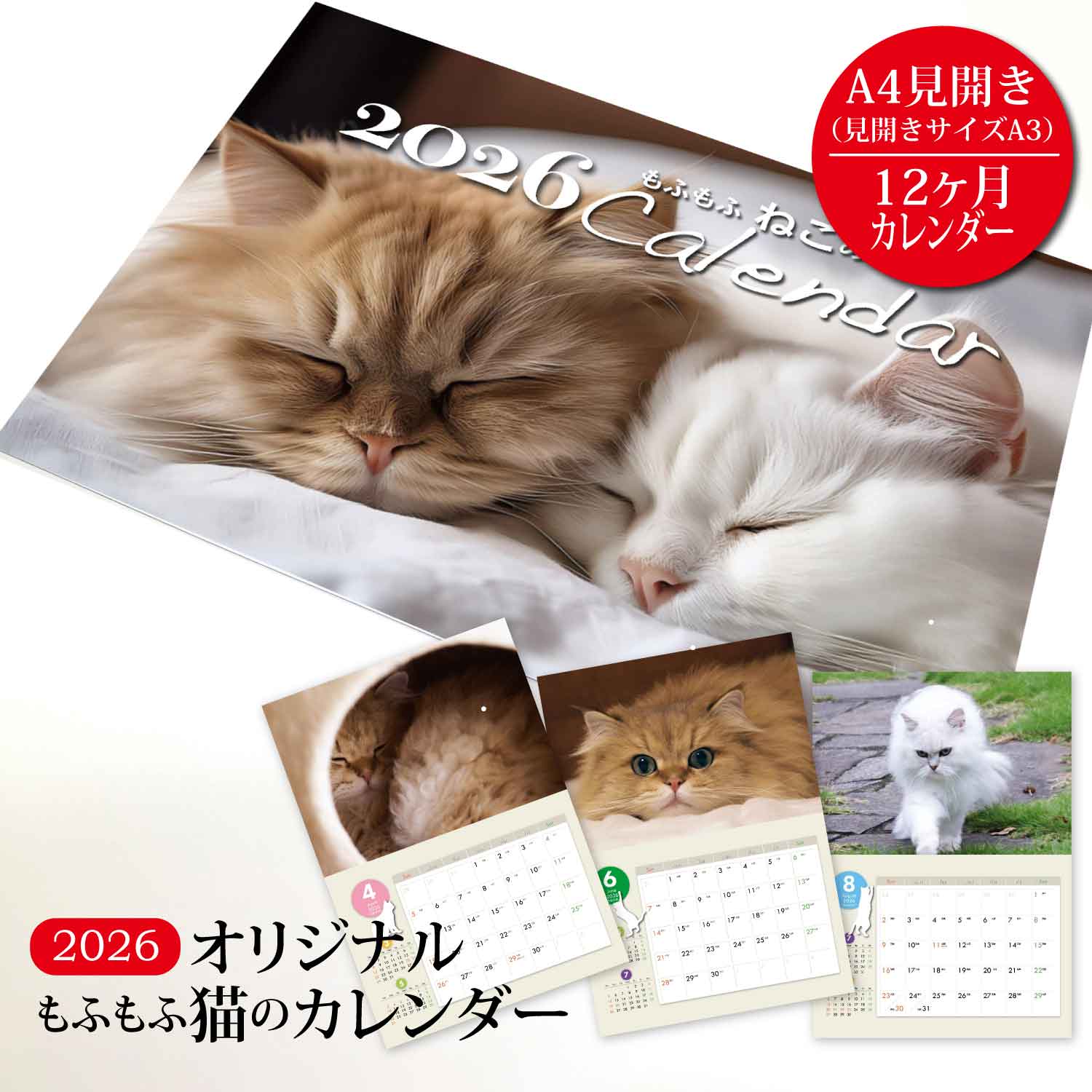 オリジナル もふもふねこのカレンダー 2026年版 - ペルシャ猫の希少種 チンチラの日常をカメラに収めた一年 A3 見開き A4冊子サイズ 令和7年 かわいい...