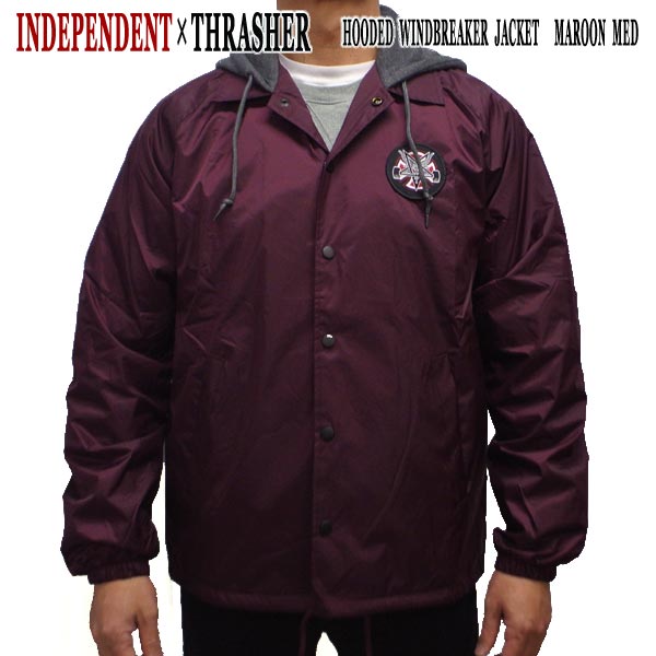 在庫処分セール！INDEPENDENT/インデペンデント THRASHER/スラッシャー コラボ PENTAGRAM CROSS HOODED WINDBREAKER JACKET MAROON ウィンドブレーカー フード付きジャケット 男性用 スラッシャー