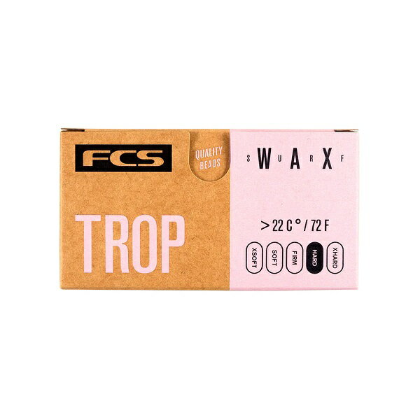 FCS SURF WAX 原料は全て自然由来の成分を使用しています。 パッケージは100％リサイクル可能です。 TROPICAL/22℃〜 内容量：85g ※画像は撮影状況やPC環境により実際の色合いと若干違って見える場合があります。ご了承下さい。またサイズ・カラー違いなどの返品・キャンセルは一切致しておりませんのでご了承ください。 ※当店からはメールにてご連絡致しますので必ずメールアドレス【surfup@shop.rakuten.co.jp】の受信許可の設定をお願い致します。