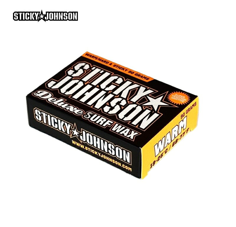 STICKY JOHNSON　DELUXE SURF WAX WARM 内容量：90g Best use at 20 - 24℃ （適正水温20〜24℃） ニュージランドを拠点とするサーフブランド、サーフワックスがメインプロダクトでそのクオリティーの高さ、グリップ力へのこだわりで人気を集めています もちろん、100% ニュージランドメイドなフレッシュワックス ※写真とパッケージデザインが変更する場合がございます 沖縄・離島エリアへの発送は行っておりません。 ご注文後にキャンセルのお手配をさせて頂きますのでご了承ください。 ※画像は撮影状況やPC環境により実際の色合いと若干違って見える場合があります。またサイズ・カラー違いなどの返品・キャンセルは一切致しておりませんのでご了承ください。 ※【surfup@shop.rakuten.co.jp】の受信許可の設定をお願い致します。