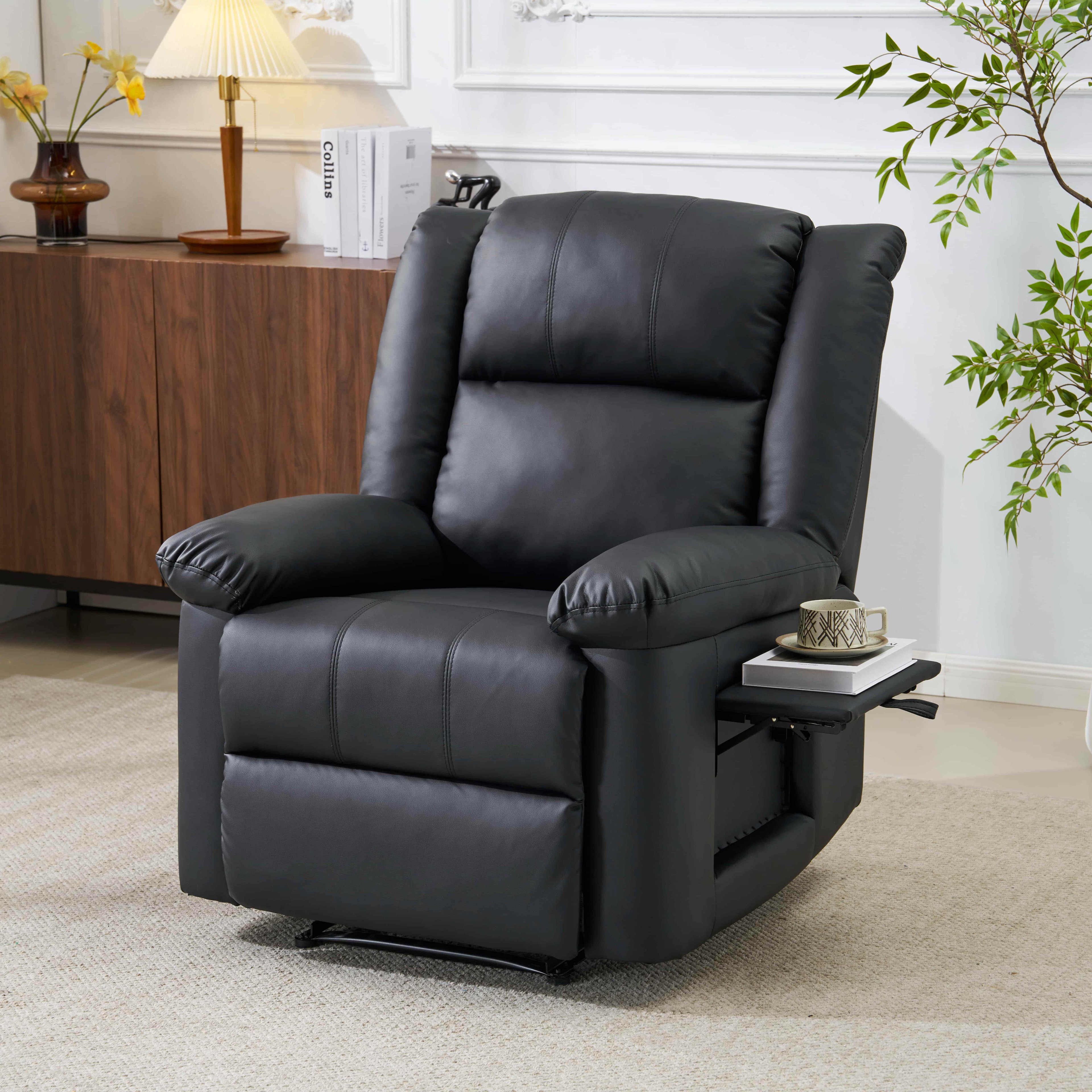 リクライニングチェア テーブル付き リクライニングソファ 1人掛け 電動 リクライニング ファブリック オットマン一体型 パーソナルチェアー 電動ソファ 耐圧分散 リクライニングチェア 一人暮らし 【ブラック】