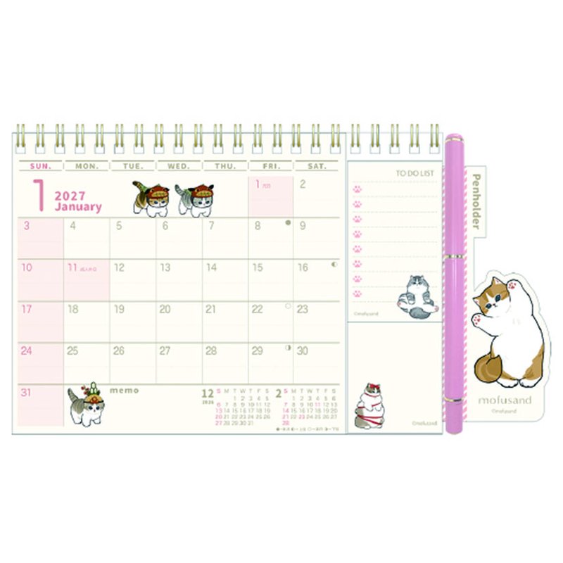 2027 CALENDAR COLLECTION 卓上 モフサンド PRODUCT SPECIFICATIONS 商品品番 27CL-0082 発売予定日 2026年09月19日 発売 仕様・サイズ 14×24cm・12枚 (卓上) 定価 (税込) 1,430円 (税込) JANコード 4995027203649 【ご注文前のご確認事項（必読）】 掲載画像について: 表紙画像および中面サンプルはメーカー監修中のイメージです。実物と一部デザインが異なる場合がございます。画像違いでの返品・交換はお受けできません。 入荷・発送時期について: ご注文確定後にメーカー手配を開始いたします。受付日より通常10〜15営業日前後での入荷・発送見込みとなります。メーカー在庫完売時はやむを得ずキャンセルとなる場合がございます。 発売日の変更について: 発売日はメーカー都合により頻繁に変更・延期となる場合がございます。最新情報に準拠し、発売日以降の入荷分より順次発送いたします。 同梱配送のご注意: 特殊ロール形状および梱包都合上、書籍・CD・DVD等と一緒のご注文はお受けできません。カレンダー単体でのご注文をお願いいたします。