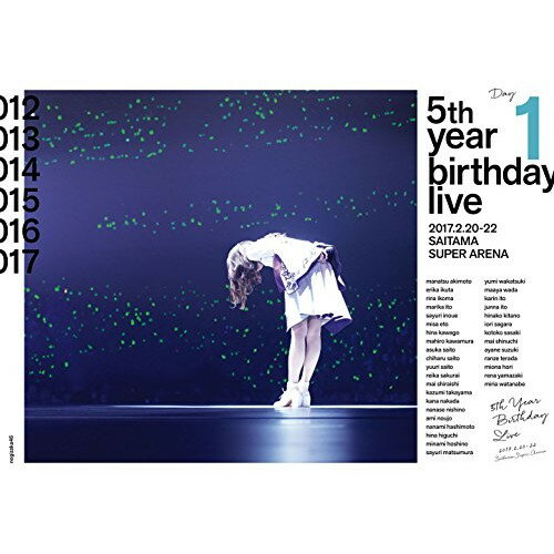 乃木坂46 5th YEAR BIRTHDAY LIVE 2017.2.20-22 SAITAMA SUPER ARENA Day1(Blu-ray)乃木坂46ノギザカフォーティーシックス のぎざかふぉーてぃーしっくす　発売日 : 2018年3月28日　種別 : BD　JAN : 4547366344561　商品番号 : SRXL-158【収録内容】BD:11.オープニング2.サヨナラの意味3.気づいたら片想い4.ガールズルール5.バレッタ6.制服のマネキン7.VTR18.会いたかったかもしれない9.偶然を言い訳にして10.せっかちなかたつむり11.指望遠鏡12.13日の金曜日13.でこぴん14.VTR215.世界で一番 孤独なLover16.やさしさとは17.ダンケシェーン18.僕が行かなきゃ誰が行くんだ?19.VTR320.Tender days21.革命の馬22.ボーダー23.制服を脱いでサヨナラを…24.ポピパッパパー25.VTR426.遥かなるブータン27.太陽に口説かれて28.シークレットグラフィティー29.あの教室30.ハウス!31.ロマンスのスタート32.転がった鐘を鳴らせ!33.VTR534.ここにいる理由35.君は僕と会わない方がよかったのかな36.自由の彼方37.生まれたままで38.VTR639.孤独兄弟40.魚たちのLOVE SONG41.Threefold choice42.ロマンティックいか焼き43.そんなバカな…44.孤独な青空45.VTR746.ないものねだり47.サヨナラの意味