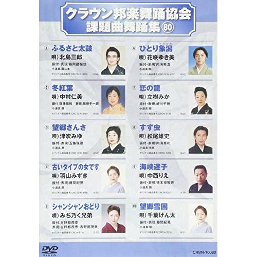 クラウン邦楽舞踊協会 課題曲舞踊集80オムニバス北島三郎、中村仁美、津吹みゆ、羽山みずき、みち乃く兄弟、花咲ゆき美、立樹みか　発売日 : 2018年12月05日　種別 : DVD　JAN : 4988007286404　商品番号 : CRBN-10080【収録内容】DVD:11.ふるさと太鼓2.冬紅葉3.望郷さんさ4.古いタイプの女です5.シャンシャンおどり6.ひとり象潟7.恋の龍8.すず虫9.海峡迷子10.望郷雪国