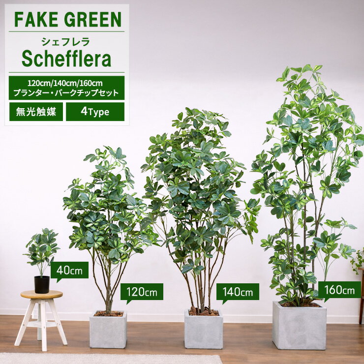 フェイクグリーン シェフレラ 40cm 120cm 140cm 160cm 選べる4サイズ [ファイバークレイ製 プランター & バークチップ 付き] 無光触媒加工済 ヤドリフカノキ 小型 中型 観葉植物 リアル 造花 光触媒