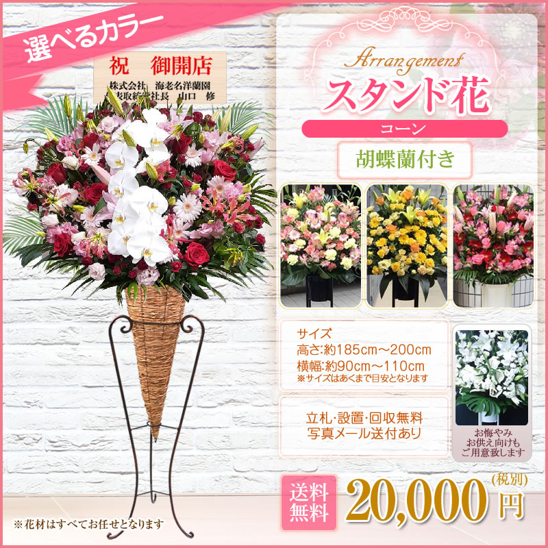 【スタンド花 コーン 胡蝶蘭付き】開店祝い 花 花色は選べる5色 20,000円(税別) 高...
