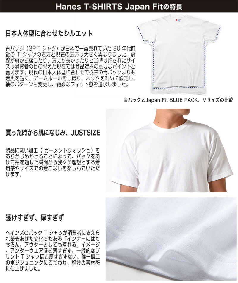 ヘインズ ジャパンフィット 青ラベル クルーネックTシャツ 2枚組 XS〜XL (Hanes Japanfit Men メンズ 白 黒 男性 紳士 インナー 2枚組 パック)