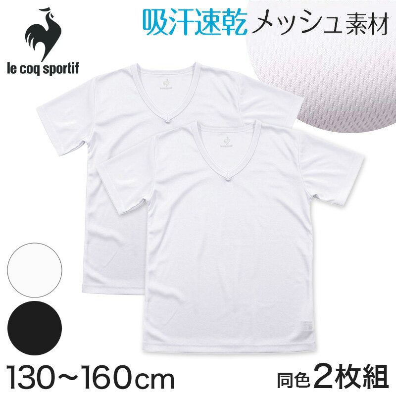 半袖tシャツ 男の子 メッシュ V首 半袖シャツ キッズ 子供 ルコック 2枚組 130cm〜160cm (男子 運動 スポーツ 夏 子ども 下着 肌着 インナー Vネック 白 黒)