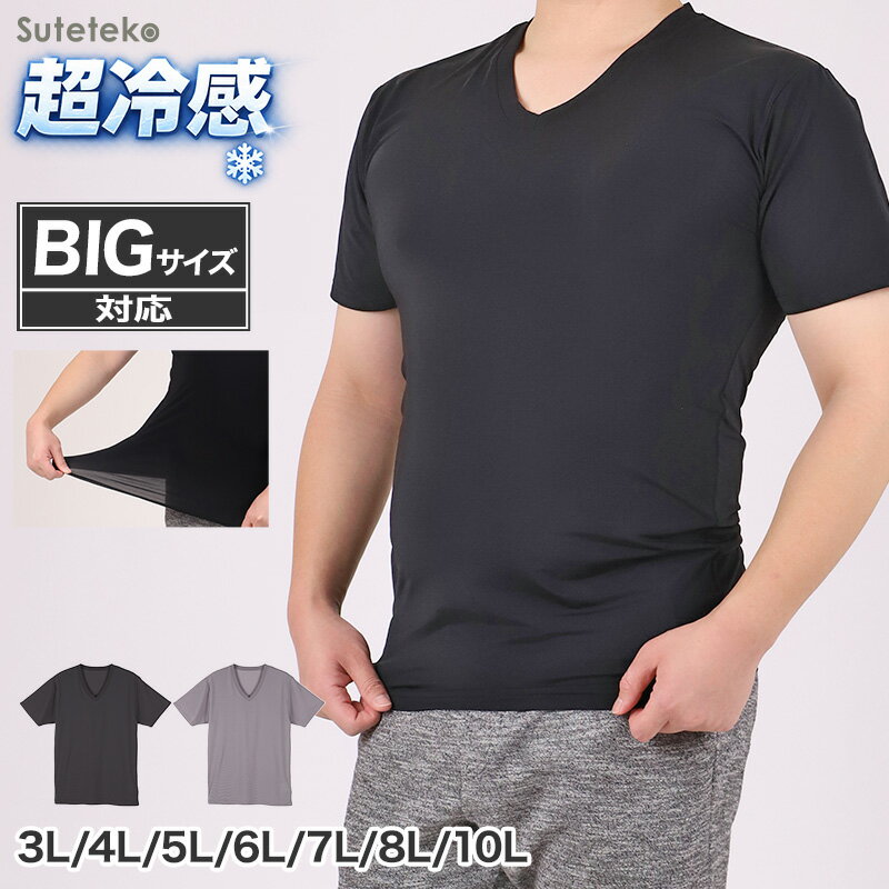 大きいサイズ メンズ tシャツ 半袖 v首 Tシャツ 3L 4L 5L 6L 7L 8L 10L vネック ビッグサイズ キングサイズ ワイドサイズ トールサイズ 冷感インナー 接触冷感 吸汗速乾 ドライ ストレッチ 通気性 夏 インナー 肌着 下着 ひんやり さらさら 涼しい ムレにくい【在庫