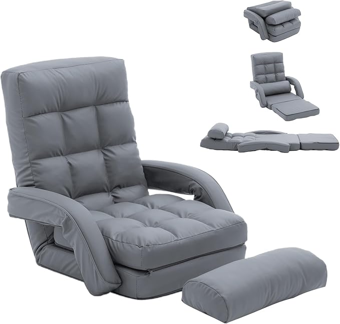 KYODA 座椅子 ひじ掛け付き クッション付き リクライニング 14段階調節 3way ハイバック ふあふあ 脚置き フロアチェア 折りたたみ 幅約50cm コンパクト 高齢者 1人掛け 腰が痛くならない お座敷チェア 新生活 誕生日 敬老の日 プレゼント ギフト PUレザー お手入れ簡単