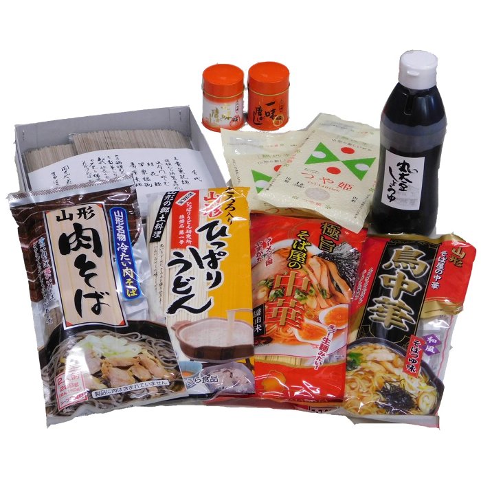 【4/1限定!最大ポイント5倍!】山形味の詰め合わせ 鳥中華 肉そば ひっぱりうどん 中華そば 蕎麦 唐辛子 丸大豆醤油 送料無料 おいしい山形 マチコミ