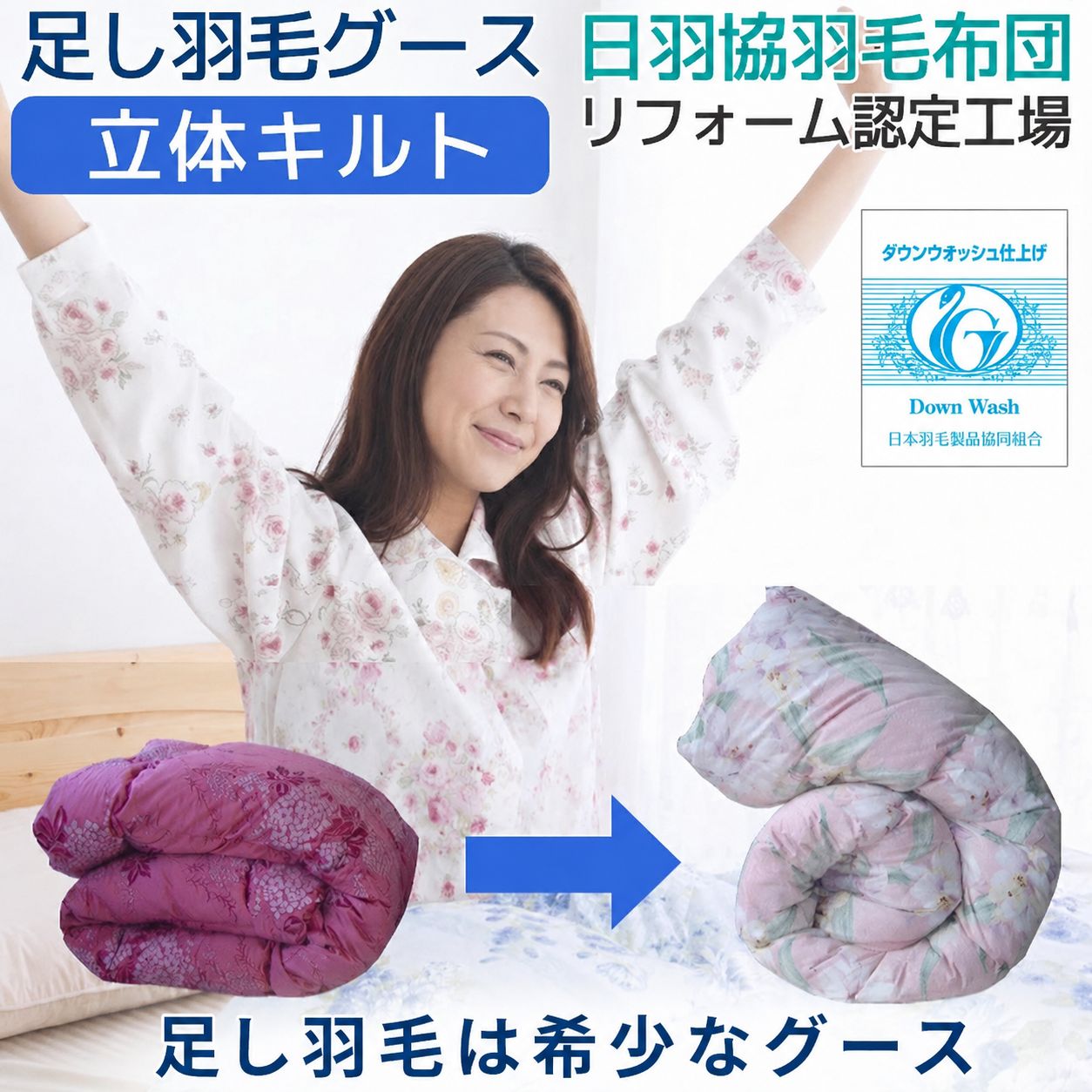 【希少なグースを足し羽毛に使用】 羽毛布団 リフォーム 打ち直し 足し羽毛グース 300g シングル から シングル 立体…