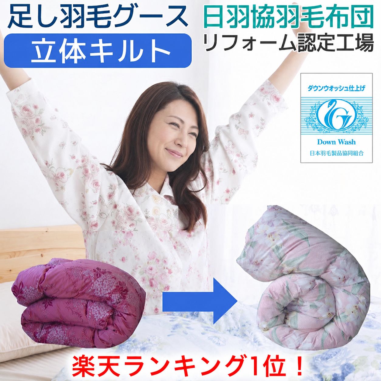 羽毛布団 リフォーム 打ち直し 足し羽毛 グース 300g シングルからシングル 立体キ...