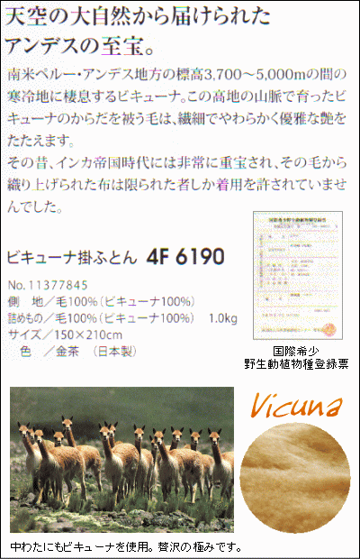 送料無料 天空の大自然から届けられたアンデスの至宝。「ビキューナ」ビキューナ掛ふとん 4F 6190(インテリア 収納 羽毛布団 秋 冬 シングル用 西川 京都 ギフト プレゼント 贈り物 ふとん 掛け布団 羽毛ぶとん 通販 楽天)