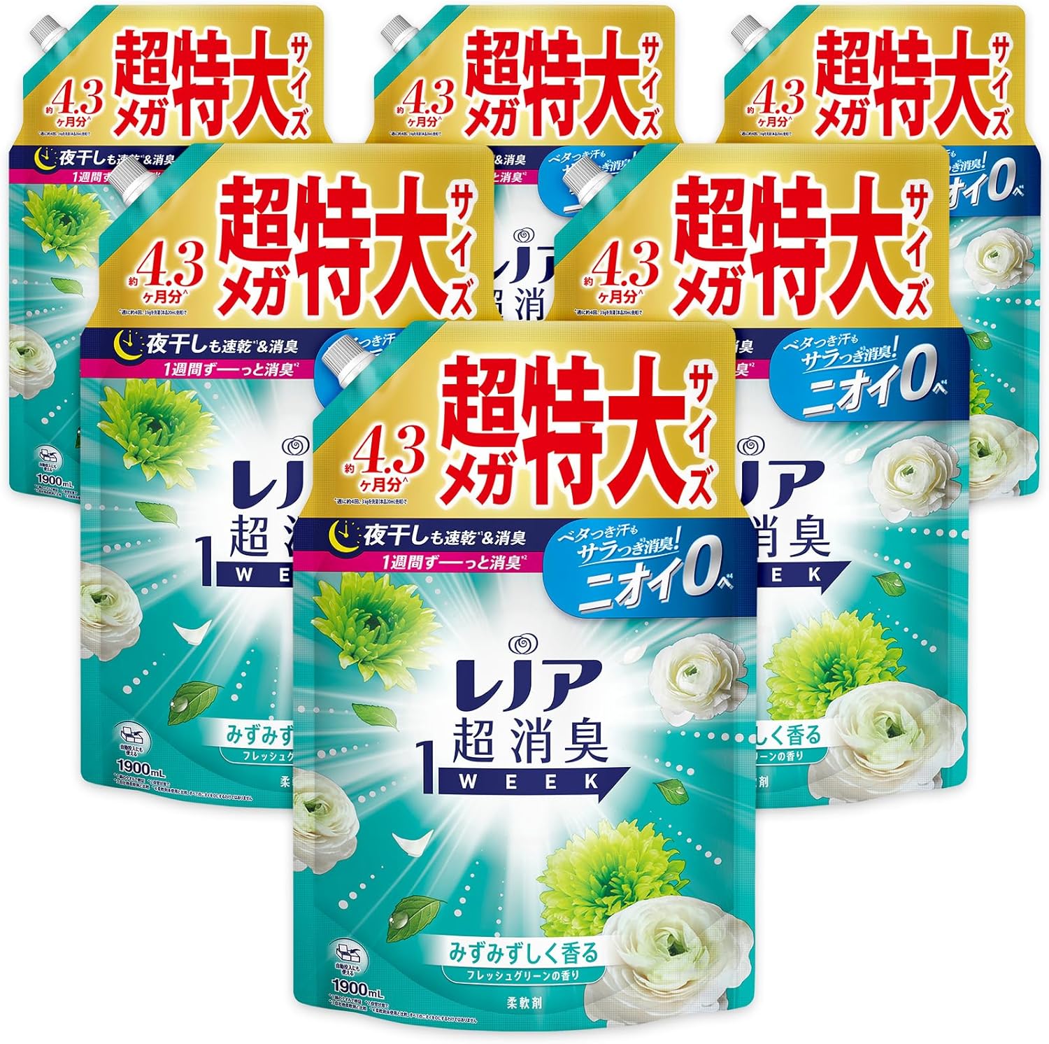 【18日～20日はポイント5倍 】【限定サイズ】レノア 超消臭1WEEK 柔軟剤 フレッシュグリーン 約4.3ヶ月分 詰め替え 1 900mLx6袋 大容量 特大容量 メガサイズ