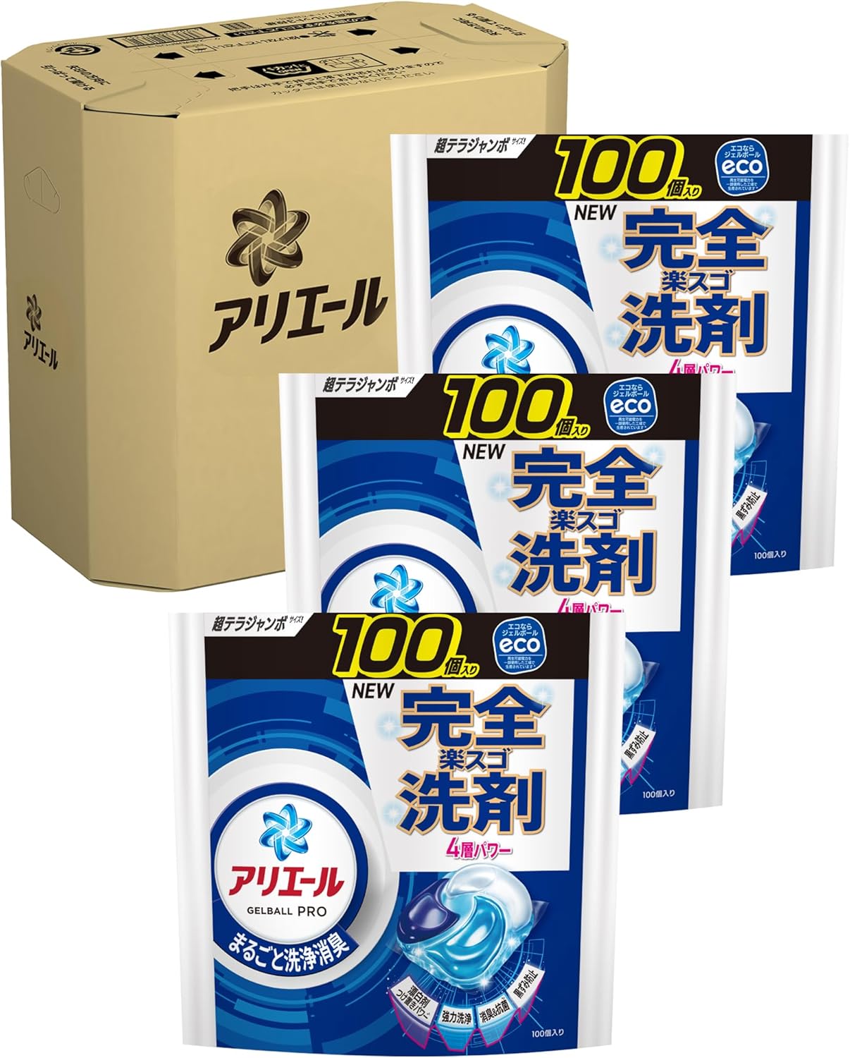 【5月30日～6月1日はポイント7倍！】アリエール 洗濯洗剤 ジェルボール プロ まるごと洗浄消臭 清潔でさわやかな香り 詰め替え 100個×3袋 つめかえ テラジャンボサイズ 特大容量 eco