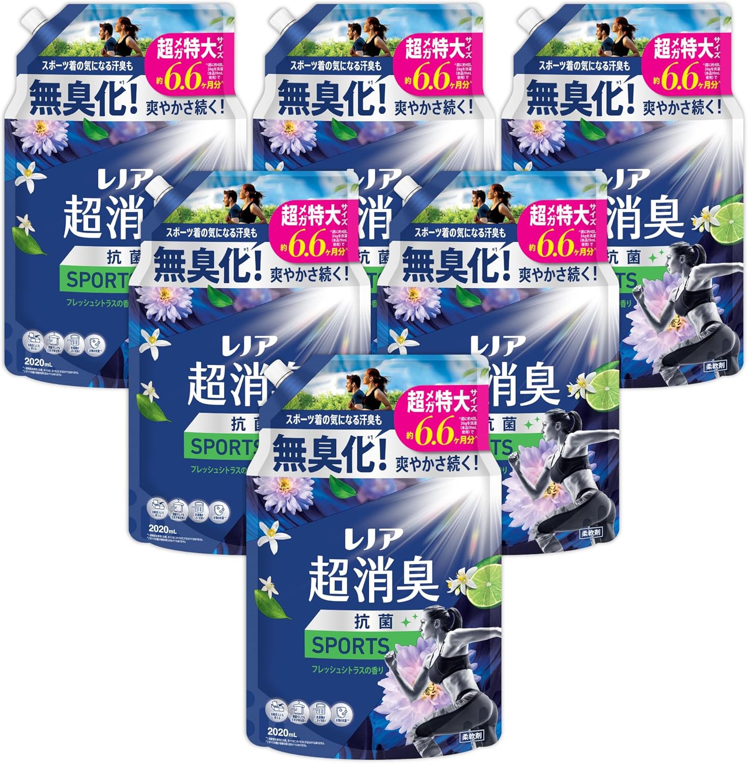 【5月1日～5日はGWセールP7倍！】【限定サイズ】レノア 超消臭1WEEK 柔軟剤 SPORTS フレッシュシトラス 約6.6ヶ月分 詰め替え 2,020mLx6袋 4袋 2袋 大容量 特大容量 メガサイズ