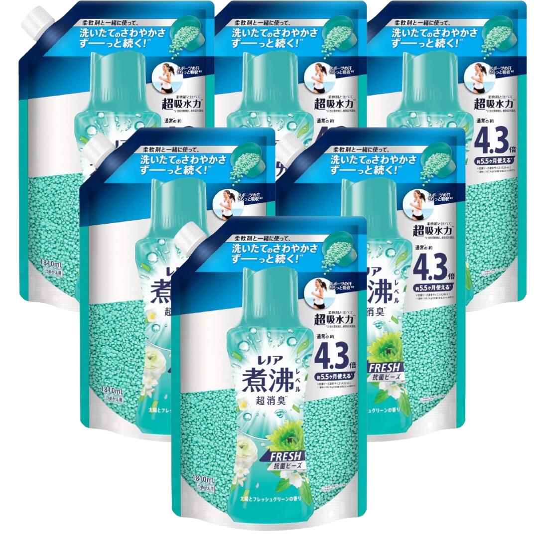 商品情報仕様商品紹介煮沸レベル超消臭*1 柔軟剤と一緒に使って、洗いたてのさわやかさずーっと続く！柔軟剤と比べて超吸水力*2 スポーツの汗さらっと吸収*2衣類が消臭フィルターに洗濯槽の防カビ*3もエリそでの黄ばみブロック*4まで12週間消臭力が続く*5太陽とフレッシュグリーンの香り縦型・ドラム式 どちらでもOK*1 洗濯後・部屋干しにて検証。 *2 当社柔軟剤比。複数回洗濯後。 *3 既に付着していたカビや汚れを取り除くわけではありません。 *4 皮脂を再現した成分と綿の生地の模擬実験にて検証。 *5 保管状態で。レノア 煮沸レベル超消臭 抗菌ビーズ FRESH 太陽とフレッシュグリーンの香り原材料・成分安定化剤、香料、消臭剤、抗菌剤使用方法お洗濯のはじめに入れるだけ！1 洗濯槽にビーズを直接入れるだけ。2 洗剤や柔軟剤をいつも通り入れる。空気を含んだビーズだからよく溶ける。「すすぎ1回」で消臭もっと長続き！溶け残りも心配なし！おしゃれ着コースやドライコースでお使いの場合、製品を溶かしてから、衣類を入れてください。自動投入洗濯機の場合も、ビーズは必ず洗濯槽へ投入してください。自動投入洗濯機に：ビーズを柔軟剤にプラスで消臭長続き！（使用量の目安：衣料1kgに対して12mL）上記は目安ですので、お好みの香りの強さになるように、量を調節できます。レノア 超消臭 煮沸レベル消臭 抗菌ビーズ 太陽とフレッシュグリーンの香り 詰め替え 1,810mL×6袋 4袋 2袋 約4.3倍 超特大 超特大 5
