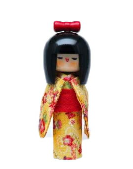 《新作》衣装こけし　おすまし（黄）　〈木製置物　人形飾り　kokeshi doll　人形玩具　土産物　お土産　日本のおみやげ　和のインテリア　通販〉