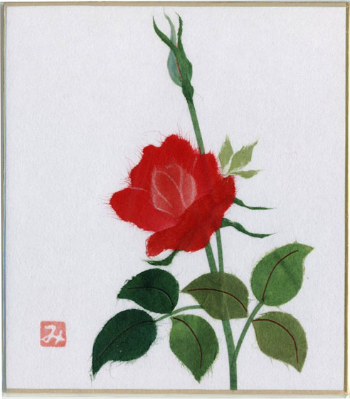 スタンド付き小色紙　日本画　季節・四季折々のちぎり絵・貼り絵シリーズ　秋　ばら・薔薇　花言葉：尊敬 愛情 美 愛 可憐 嫉妬