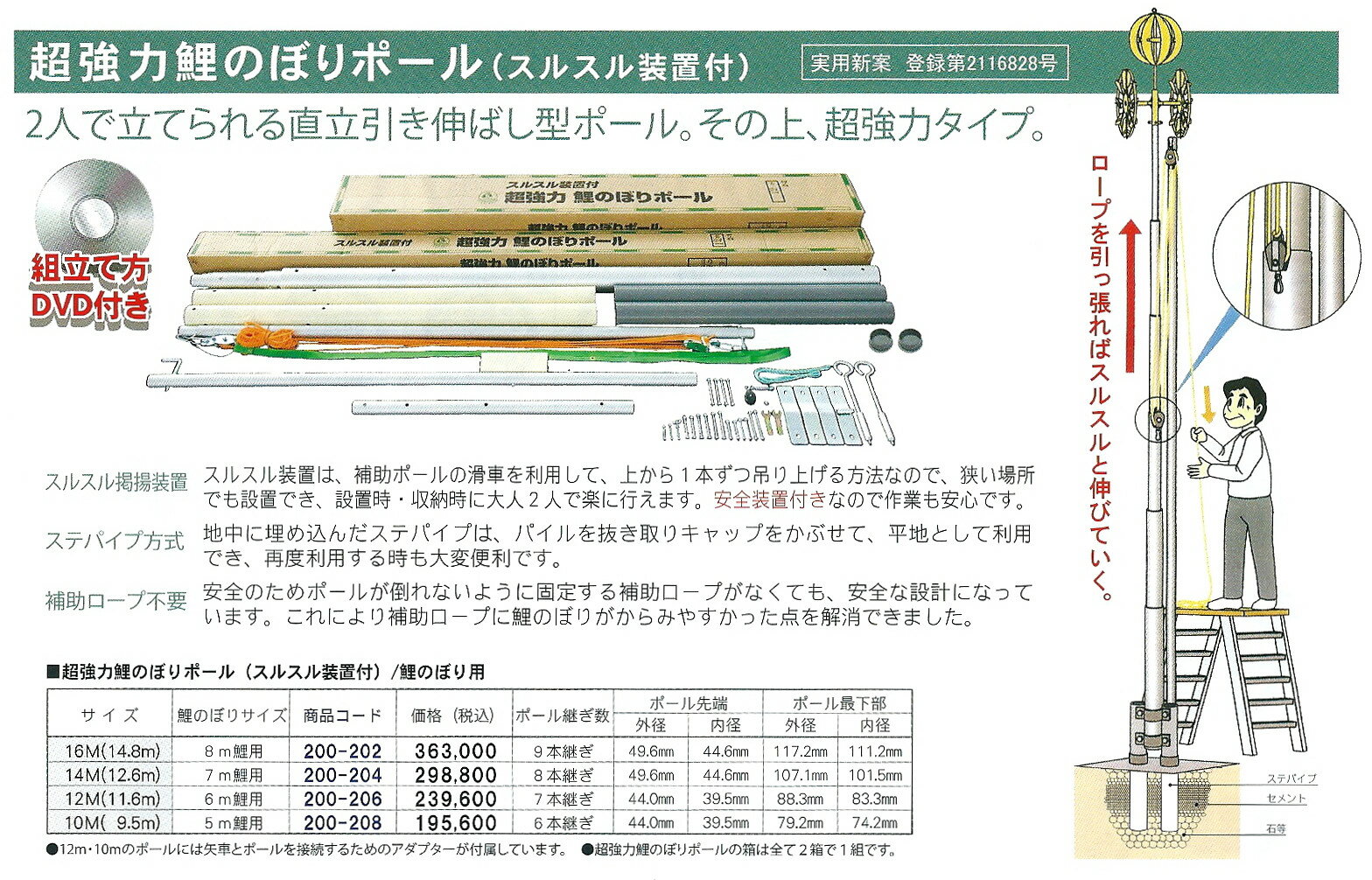 徳永鯉のぼり　鯉のぼり用ポール　安全安心！アルミ軽合金製ハイエンド超強力鯉のぼりポール　スルスル装置付き　5m鯉用10m(9.5m)ポール　お写真のものが全てセットになっています。　〈こいのぼりポール 5M鯉のぼり掲揚ポール 5m鯉幟用ポール〉 1