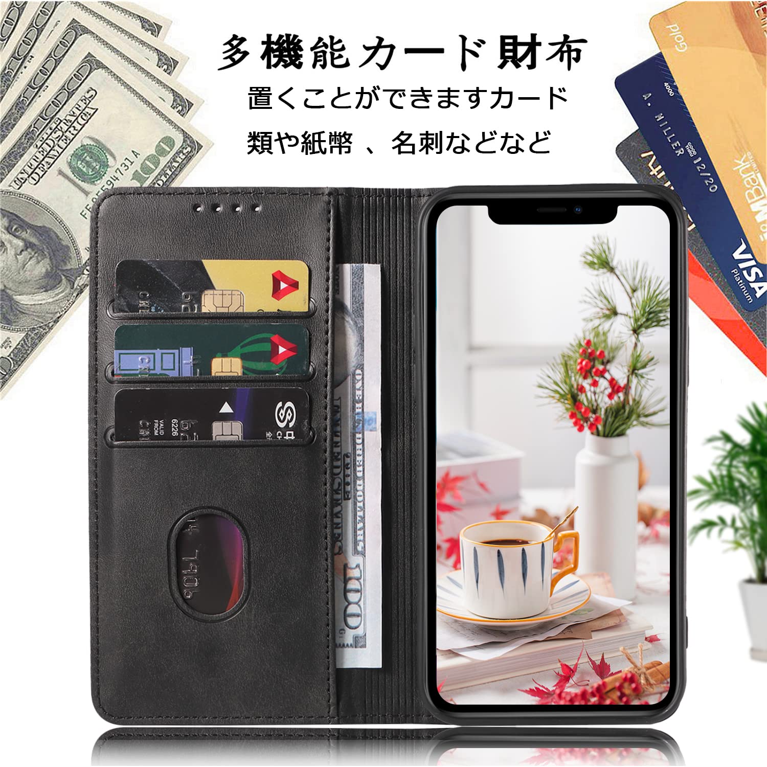 iPhone 11 ケース イフォン11 スマホケース 手帳型 携帯カバー レザー 耐衝撃 軽量 着脱しやすい 放熱性 マグネット式 カード収納 スタンド機能 iphone 11 対応 360度保護 PinLiSheng (6.1インチ, ブラック)【生活応援】
