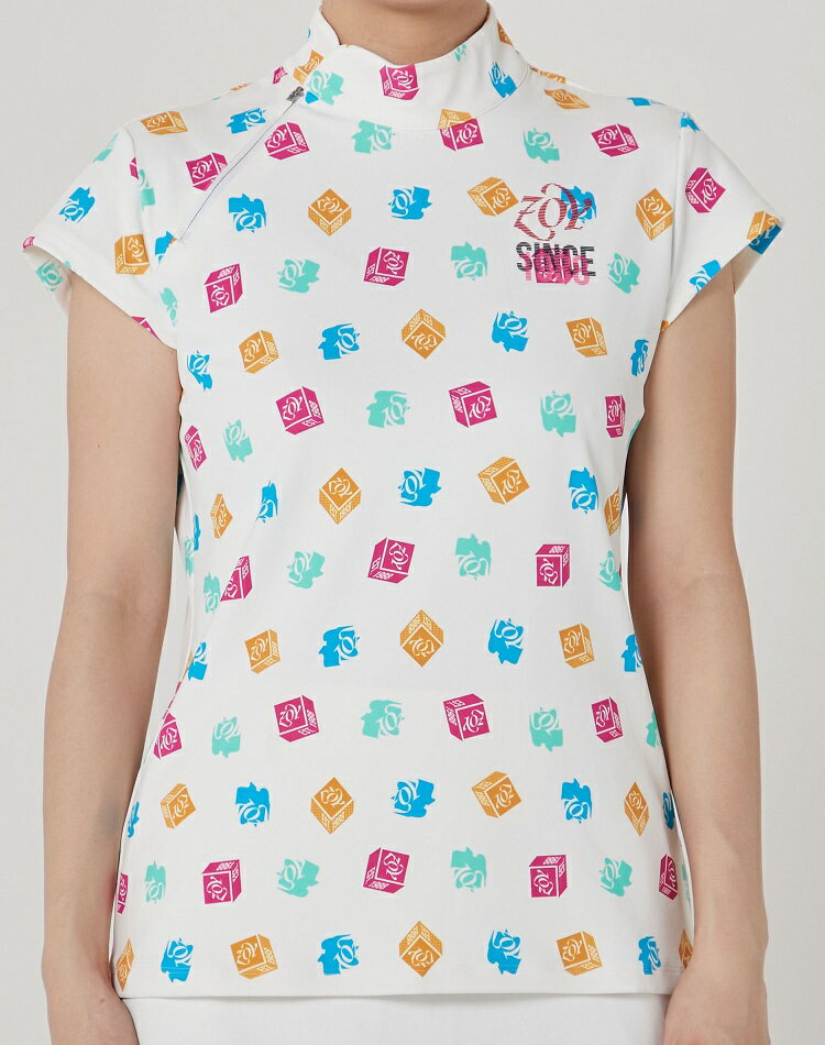 【ZOY/ゾーイ】071622005レディース　ブロックロゴプリント 半袖モックネックシャツ　ホワイトストレッチ　UVケア　接触冷感