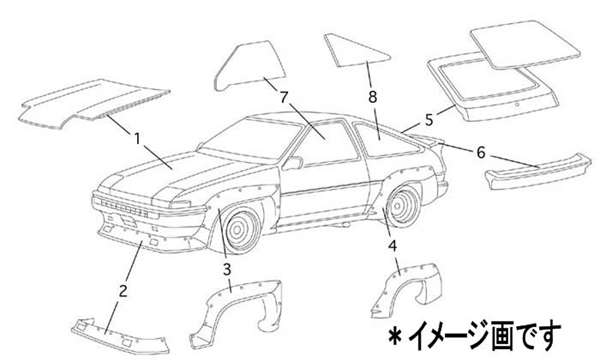 TRD ボディパーツ（競技専用部品 レビン・トレノ（3ドア車 ＊図No.8アクリルガラスクォータLH [ 68124-AE801] カローラレビン AE86 適合 レビン・トレノ（3ドア車 (必要個数 1個)