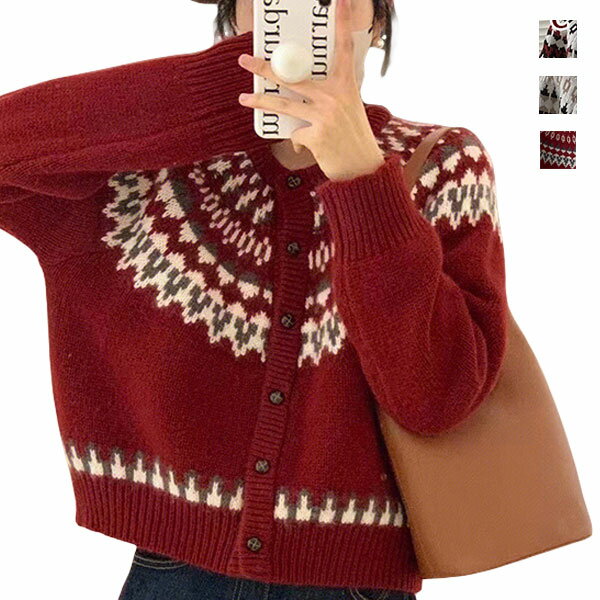 Crew Neck - ニットカーディガン ニット クリスマス レディース 秋冬 ショート丈 クルーネック 前開き 羽織 丸首 長袖 ボタン ニットセーター セーター トップス アウター シンプル カジュアル ゆったり 体型カバー 着?せ お洒落 可愛い