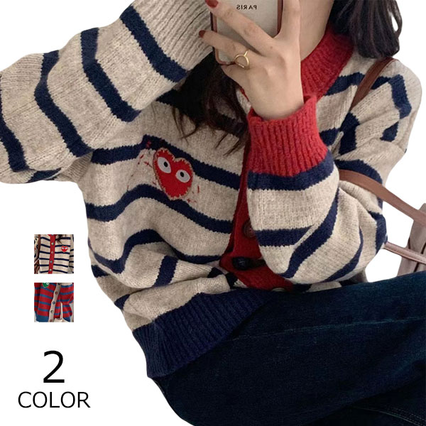 Crew Neck - ニットカーディガン ニット レディース 秋冬 ショート丈 クルーネック 前開き 羽織 長袖 ボタン ニットセーター セーター トップス アウター シンプル カジュアル ゆったり 体型カバー 着?せ お洒落 可愛い