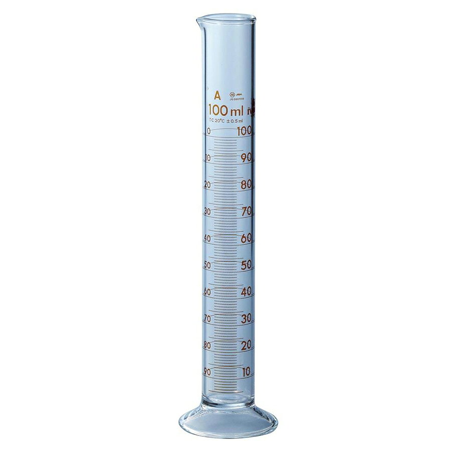 ●IWAKI製のメスシリンダーです。 ＜仕様＞ 商品コード：ケニス 3-103-0164 容量：100mL 目盛：1.0mL 許容誤差：±0.5mL 胴外径×全高(mm)：32φ×250 材質：硼珪酸ガラス 規格：JIS R 3505 クラスA 入数：1