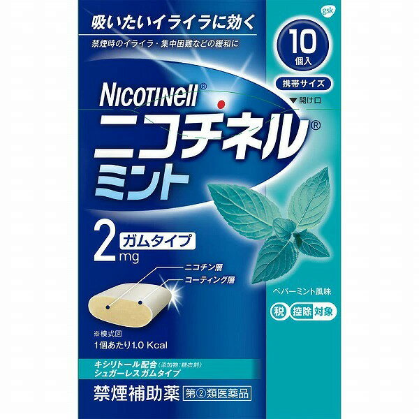 禁煙時のイライラ・集中困難・落ち着かないなどの症状の緩和に。 ニコチネル ミントは、タバコをやめたい人のための禁煙補助薬です。 禁煙時のイライラ・集中困難などの症状を緩和し、禁煙を成功に導くことを目的としたニコチンガム製剤です。 糖衣タイプでペパーミント風味です。 約3ヵ月をめどに、無理のない禁煙へ。 タバコを吸いたいと思ったときに1回1個をゆっくりかみ、使用量を徐々に減らしていきます。 タバコを吸ったことのない人、現在タバコを吸っていない人は使用しないでください。 ご使用前に必ずご確認ください ・タバコを吸うのを完全に止めて使用してください。 ・本剤の使用中及び使用直後は、ニコチンパッチ製剤の使用や喫煙をしないでください。 ・妊婦又は妊娠していると思われる人、重い心臓病を有する人などは使用できません。 ・6ヵ月を超えて使用しないでください。 添付文書の内容 商品名 ニコチネル ミント 商品説明文 ニコチネル ミントはタバコをやめたい人のための医薬品です。 禁煙時のイライラ・集中困難などの症状を緩和し、禁煙を成功に導くことを目的とした禁煙補助薬です。 徐々に使用量を減らすことで、約3ヵ月で無理のない禁煙へ導きます。 糖衣タイプでペパーミント風味のニコチンガム製剤です。 使用上の注意 ＜してはいけないこと＞ （守らないと現在の症状が悪化したり、副作用が起こりやすくなります。） 1.次の人は使用しないでください。 （1）非喫煙者〔タバコを吸ったことのない人及び現在タバコを吸っていない人〕 （2）すでに他のニコチン製剤を使用している人 （3）妊婦又は妊娠していると思われる人 （4）重い心臓病を有する人 　1）3ヵ月以内に心筋梗塞の発作を起こした人 　2）重い狭心症と医師に診断された人 　3）重い不整脈と医師に診断された人 （5）急性期脳血管障害（脳梗塞、脳出血等）と医師に診断された人 （6）うつ病と診断されたことのある人 （7）本剤又は本剤の成分によりアレルギー症状（発疹・発赤、かゆみ、浮腫等）を起こしたことがある人 （8）あごの関節に障害がある人 2.授乳中の人は本剤を使用しないか、本剤を使用する場合は授乳を避けてください。 3.本剤を使用中及び使用直後は、次のことはしないでください。 （1）ニコチンパッチ製剤の使用 （2）喫煙 4.6ヵ月を超えて使用しないでください。 ＜相談すること＞ 1.次の人は使用前に医師、歯科医師、薬剤師又は登録販売者に相談してください。 （1）医師又は歯科医師の治療を受けている人 （2）他の薬を使用している人 （3）高齢者及び20才未満の人 （4）薬などによりアレルギー症状を起こしたことがある人 （5）次の症状のある人：腹痛、胸痛、口内炎、のどの痛み、のどのはれ （6）医師から次の診断を受けた人：心臓疾患（心筋梗塞、狭心症、不整脈）、脳血管障害（脳梗塞、脳出血等）、末梢血管障害（バージャー病等）、高血圧、甲状腺機能障害、褐色細胞腫又はパラガングリオーマ、糖尿病（インスリン製剤を使用している人）、咽頭炎、食道炎、胃・十二指腸潰瘍、肝臓病、腎臓病 2.使用後、次の症状があらわれた場合 副作用の可能性があるので、直ちに使用を中止し、この説明文書を持って医師、薬剤師又は登録販売者に相談してください。 関係部位：症状 口・のど：口内炎、のどの痛み 消化器：吐き気・嘔吐、腹部不快感、胸やけ、食欲不振、下痢 皮ふ：発疹・発赤、かゆみ 精神神経系：頭痛、めまい、思考減退、眠気 循環器：動悸 その他：胸部不快感、胸部刺激感、顔面潮紅、顔面浮腫、気分不良 3.使用後、次の症状があらわれることがあります。 このような症状の持続又は増強が見られた場合には、使用を中止し、この説明文書を持って医師、歯科医師、薬剤師又は登録販売者に相談してください。 （1）口内・のどの刺激感、舌の荒れ、味の異常感、唾液増加、歯肉炎 （2）あごの痛み （3）しゃっくり、げっぷ 4.誤って定められた用量を超えて使用したり、小児が誤飲した場合 吐き気、唾液増加、腹痛、下痢、発汗、頭痛、めまい、聴覚障害、全身脱力などの症状があらわれることがありますので、直ちに医師、薬剤師又は登録販売者に相談してください。 5.3ヵ月を超えて継続する場合 医師、薬剤師又は登録販売者に相談してください。 有効成分・分量 1個中： ニコチン…………………2mg 添加物として、ペパーミントオイル、キシリトール、l-メントール、ハッカ油、D-ソルビトール、サッカリン、サッカリンナトリウム、アセスルファムカリウム、D-マンニトール、ゼラチン、BHT、タルク、炭酸カルシウム、炭酸ナトリウム、炭酸水素ナトリウム、グリセリン、酸化チタン、カルナウバロウ、その他9成分を含有する。 効能・効果 禁煙時のイライラ・集中困難・落ち着かないなどの症状の緩和 用法・用量 タバコを吸いたいと思ったとき、1回1個をゆっくりと間をおきながら、30～60分間かけてかみます。 1日の使用個数は下記を目安とし、通常、1日4～12個から始めて適宜増減しますが、1日の総使用個数は24個を超えないでください。 禁煙になれてきたら（1ヵ月前後）、1週間ごとに1日の使用個数を1～2個ずつ減らし、1日の使用個数が1～2個となった段階で使用をやめます。なお、使用期間は3ヵ月をめどとします。 1回量：1個 1日最大使用個数：24個 使用開始時の1日の使用個数の目安： 禁煙前の1日の喫煙本数 20本以下：1日4～6個 禁煙前の1日の喫煙本数 21～30本：1日6～9個 禁煙前の1日の喫煙本数 31本以上：1日9～12個 ＜用法・用量に関する注意＞ （1）タバコを吸うのを完全に止めて使用してください。 （2）1回に2個以上かまないでください。 （3）辛みや刺激感を感じたらかむのを止めて、ほほの内側などに寄せて休ませてください。 （4）本剤はガム製剤ですので飲み込まないでください。また、本剤が入れ歯などに付着し、脱落・損傷を起こすことがありますので、入れ歯などの歯科的治療を受けたことのある人は、使用に際して注意してください。 （5）コーヒーや炭酸飲料などを飲んだ後、しばらくは本剤を使用しないでください。 （6）口内に使用する吸入剤やスプレー剤とは同時に使用しないでください。 使用方法 （1）シートから1個を切り離します。 （2）裏面の接着されていない角からフィルムをはがします。 （3）アルミを破り、指でガムを押し取り出します。 （4）ピリッとした味を感じるまで、ゆっくりとかみます（15回程度）。 （5）ほほと歯ぐきの間にしばらく置きます（味がなくなるまで約1分間以上）。 （6）（4）～（5）を約30～60分間繰り返した後、ガムは紙などに包んで捨ててください。 内容量 10個 保管及び取扱い上の注意 （1）直射日光の当たらない湿気の少ない涼しい所に保管してください。（高温の場所に保管すると、ガムがシートに付着して取り出しにくくなります。） （2）本剤は小児が容易に開けられない包装になっていますが、小児の手の届かない所に保管してください。 （3）他の容器に入れ替えないでください。（誤用の原因になったり、品質が変わることがあります。） （4）使用期限をすぎた製品は使用しないでください。 （5）かみ終わったガムは紙などに包んで小児の手の届かない所に捨ててください。 製造販売元・販売会社 製造販売元：Freyr Life Sciences株式会社 販売会社：佐藤製薬株式会社 佐藤製薬株式会社 お客様相談窓口：03-5412-7393 受付時間：9:00～17:00（土、日、祝日を除く） 販売店舗（広告文責） すずな薬局 神野店 佐賀県佐賀市神野東2丁目5-3 TEL：0952-30-5691 リスク区分 リスク区分 指定第2類医薬品 注意喚起 指定第2類医薬品です。使用上の注意の「してはいけないこと」を必ず確認し、禁忌に該当する場合は使用しないでください。 医薬品の使用期限 使用期限 使用期限まで100日以上あるものをお送りします。 医薬品販売に関する記載事項 必須記載事項 医薬品販売に関する記載事項（必須記載事項）は こちら ※本品は医薬品です。使用前に添付文書をよく読み、用法・用量を守って正しくお使いください。 ※体質、症状に合わない場合は使用を中止し、医師、歯科医師、薬剤師又は登録販売者に相談してください。