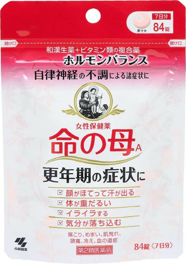 女性ホルモンのバランスや自律神経の乱れなどを整え、更年期症状を改善。 命の母Aは、デリケートな女性の身体の仕組みを考えて作られた女性保健薬です。 13種類の生薬とビタミン類、カルシウムなどを配合し、女性ホルモンのバランスや自律神経の乱れなどを整えることで、更年期に起こる心と体のさまざまな不調を改善していきます。 13種の生薬＋ビタミン類の複合薬。 穏やかに効いていく、小さくて飲みやすい糖衣錠です。 ホルモン剤ではありません。 こんな症状に ・のぼせ、冷え症、めまい、耳鳴り ・生理不順、生理異常、生理痛 ・肩こり、頭痛、頭重 ・動悸、貧血、肌荒れ、にきび ・便秘、ヒステリー、帯下、産前産後、下腹腰痛 添付文書の内容 商品名 女性保健薬 命の母A 商品説明文 命の母Aは、女性ホルモンのバランスや自律神経の乱れなどを整え、更年期症状を改善する女性保健薬です。 13種類の生薬とビタミン類、カルシウムなどを配合しています。 小さくて飲みやすい糖衣錠です。 使用上の注意 ＜してはいけないこと＞ （守らないと現在の症状が悪化したり、副作用が起こりやすくなる） 授乳中の人は本剤を服用しないか、本剤を服用する場合は授乳をさけること。 ＜相談すること＞ 1.次の人は服用前に医師、薬剤師又は登録販売者に相談してください。 （1）医師の治療を受けている人 （2）妊婦又は妊娠していると思われる人 （3）薬などによりアレルギー症状を起こしたことがある人 （4）体の虚弱な人（体力の衰えている人、体の弱い人） （5）胃腸が弱く下痢しやすい人 2.服用後、次の症状があらわれた場合 副作用の可能性があるので、直ちに服用を中止し、この文書を持って医師、薬剤師又は登録販売者に相談してください。 関係部位：症状 皮ふ：発疹・発赤、かゆみ 消化器：胃部不快感、食欲不振、吐き気・嘔吐、はげしい腹痛を伴う下痢、腹痛 3.服用後、次の症状があらわれることがあります。 このような症状の持続又は増強が見られた場合には、服用を中止し、この文書を持って医師、薬剤師又は登録販売者に相談してください。 便秘、下痢 4.しばらく服用しても症状がよくならない場合 服用を中止し、この文書を持って医師、薬剤師又は登録販売者に相談してください。 5.服用後、生理が予定より早くきたり、経血量がやや多くなったりすることがあります。 出血が長く続く場合は、この文書を持って医師、薬剤師又は登録販売者に相談してください。 有効成分・分量 1日量（12錠）中： ダイオウ末…………………175mg カノコソウ末…………………207mg ケイヒ末…………………170mg センキュウ末…………………100mg ソウジュツ末…………………100mg シャクヤク末…………………300mg ブクリョウ末…………………175mg トウキ末…………………300mg コウブシ末…………………50mg ゴシュユ…………………40mg ハンゲ…………………75mg ニンジン末…………………40mg コウカ…………………50mg チアミン塩化物塩酸塩（ビタミンB1）…………………5mg リボフラビン（ビタミンB2）…………………1mg ピリドキシン塩酸塩（ビタミンB6）…………………0.5mg シアノコバラミン（ビタミンB12）…………………1μg パントテン酸カルシウム…………………5mg 葉酸…………………0.5mg タウリン…………………90mg dl-α-トコフェロールコハク酸エステル（ビタミンE）…………………5mg リン酸水素カルシウム水和物…………………10mg ビオチン…………………1μg 精製大豆レシチン…………………10mg 添加物として、ケイ酸Al、ステアリン酸Mg、セラック、タルク、炭酸Ca、酸化チタン、バレイショデンプン、ゼラチン、白糖、エリスロシン、ニューコクシン、サンセットイエローFCF、ミツロウ、カルナウバロウを含有する。 効能・効果 更年期障害、更年期神経症、血の道症注）、のぼせ、生理不順、生理異常、生理痛、肩こり、冷え症、肌荒れ、めまい、耳鳴り、動悸、貧血、にきび、便秘、ヒステリー、帯下、産前産後、下腹腰痛、血圧異常、頭痛、頭重 注）「血の道症」とは、月経、妊娠、出産、産後、更年期など女性のホルモンの変動に伴って現れる精神不安やいらだちなどの精神神経症状および身体症状のことである。 用法・用量 1回4錠、1日3回毎食後に水又はお湯で服用してください。 ＜用法・用量に関連する注意＞ （1）定められた用法・用量を厳守すること。 （2）吸湿しやすいため、服用のつどキャップ（84錠はチャック）をしっかりしめること。 15才未満は服用しないこと。 内容量 84錠 保管及び取扱い上の注意 （1）直射日光の当たらない湿気の少ない涼しい所に密栓して（84錠はチャックをしっかりしめて）保管すること。 （2）小児の手の届かない所に保管すること。 （3）他の容器に入れ替えないこと（誤用の原因になったり品質が変わる）。 （4）本剤をぬれた手で扱わないこと。 （5）乾燥剤は服用しないこと。 発売元・製造販売元 発売元：小林製薬株式会社 〒541-0045 大阪市中央区道修町4-4-10 製造販売元：小林製薬株式会社 〒567-0057 大阪府茨木市豊川1-30-3 小林製薬 お客様相談室：0120-5884-01 受付時間：9:00～17:00（土・日・祝日を除く） 販売店舗（広告文責） すずな薬局 神野店 佐賀県佐賀市神野東2丁目5-3 TEL：0952-30-5691 リスク区分 リスク区分 第2類医薬品 医薬品の使用期限 使用期限 使用期限まで100日以上あるものをお送りします。 医薬品販売に関する記載事項 必須記載事項 医薬品販売に関する記載事項（必須記載事項）は こちら ※本品は医薬品です。使用前に添付文書をよく読み、用法・用量を守って正しくお使いください。 ※体質、症状に合わない場合は服用を中止し、医師、薬剤師又は登録販売者に相談してください。