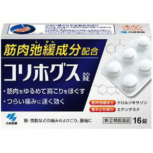 つらい肩こりを内側からほぐす、内服タイプの肩こり薬。 コリホグスは、つらい肩こりをしっかり、すばやく鎮める内服薬です。 筋肉弛緩成分「クロルゾキサゾン」が硬直した筋肉を内側からゆるめ、肩こりをほぐします。 肩や首すじのつらい痛みに 痛み止め成分「エテンザミド」が、肩や首すじのつらい痛みを和らげます。 カフェイン水和物が、薬剤による眠気を防ぎます。 このような症状に ・肩、首筋などの痛みやこり ・腰痛、背痛 ・ねんざ、うち身 ・神経痛、リウマチ性疼痛 ・四十肩、関節痛、筋炎、腱炎 服用前に必ずご確認ください 本剤は指定第2類医薬品です。使用上の注意の「してはいけないこと」を必ず確認してください。 服用後、眠気などがあらわれることがあるため、乗物または機械類の運転操作をしないでください。 服用前後は飲酒しないでください。 添付文書の内容 商品名 コリホグス 商品説明文 コリホグスは、つらい肩こりをしっかり、すばやく鎮める内服薬です。 筋肉弛緩成分「クロルゾキサゾン」が、硬直した筋肉を内側からゆるめて、肩こりをほぐします。 痛み止め成分「エテンザミド」が、肩や首すじのつらい痛みを和らげます。 使用上の注意 （守らないと現在の症状が悪化したり、副作用・事故が起こりやすくなります） 《してはいけないこと》 1.次の人は服用しないでください。 (1)本剤または本剤の成分によりアレルギー症状を起こしたことがある人 (2)本剤または他の解熱鎮痛薬、かぜ薬を服用してぜんそくを起こしたことがある人 (3)15才未満の小児 2.本剤を服用している間は、次のいずれの医薬品も服用しないでください。 他の解熱鎮痛薬、かぜ薬、鎮静薬 3.服用後、乗物または機械類の運転操作をしないでください（眠気などがあらわれることがあります）。 4.服用前後は飲酒しないでください。 5.長期連用しないでください。 《相談すること》 1.次の人は服用前に医師、歯科医師、薬剤師または登録販売者に相談してください。 (1)医師または歯科医師の治療を受けている人 (2)妊婦または妊娠していると思われる人 (3)授乳中の人 (4)高齢者 (5)薬などによりアレルギー症状を起こしたことがある人 (6)次の診断を受けた人：心臓病、腎臓病、肝臓病、胃・十二指腸潰瘍 2.服用後、次の症状があらわれた場合は副作用の可能性がありますので、直ちに服用を中止し、この文書を持って医師、薬剤師または登録販売者に相談してください。 関係部位：症状 皮ふ：発疹・発赤、かゆみ 顔面：はれ 消化器：吐き気・嘔吐、食欲不振 精神神経系：めまい その他：過度の体温低下 まれに下記の重篤な症状が起こることがあります。その場合は直ちに医師の診療を受けてください。 ショック（アナフィラキシー）：服用後すぐに、皮ふのかゆみ、じんましん、声のかすれ、くしゃみ、のどのかゆみ、息苦しさ、動悸、意識の混濁などがあらわれる。 皮ふ粘膜眼症候群（スティーブンス・ジョンソン症候群）、中毒性表皮壊死融解症：高熱、目の充血、目やに、唇のただれ、のどの痛み、皮ふの広範囲の発疹・発赤などが持続したり、急激に悪化する。 ぜんそく：息をするときゼーゼー、ヒューヒューと鳴る、息苦しいなどがあらわれる。 3.5〜6回服用しても症状がよくならない場合は服用を中止し、この文書を持って医師、歯科医師、薬剤師または登録販売者に相談してください。 有効成分・分量 2錠中： クロルゾキサゾン…………………………300mg エテンザミド………………………………300mg カフェイン水和物…………………………50mg 添加物として、メチルセルロースを含有します。 効能・効果 肩・首筋などの痛みおよびこり、腰痛、背痛、ねんざ、うち身、神経痛・リウマチ性疼痛、四十肩、関節痛、筋炎、腱炎 用法・用量 次の量を疼痛時または発作時に水または白湯で服用してください（1日2回までとすること）。 大人（15才以上）：1回1〜2錠、1日2回まで 15才未満：服用しないこと ＜用法・用量に関連する注意＞ 定められた用法・用量を厳守してください。 初めての方は1錠からの服用をおすすめします。状態をみながら、1回1〜2錠服用してください。 ＜錠剤の取り出し方＞ 錠剤の入っているPTPシートの凸部を指先で強く押して、裏面のアルミ箔を破り、取り出して服用してください。誤ってそのまま飲み込んだりすると食道粘膜に突き刺さるなど思わぬ事故につながります。 内容量 16錠 JANコード 4987072063101 保管及び取り扱い上の注意 (1)直射日光の当たらない湿気の少ない涼しいところに保管してください。 (2)小児の手の届かないところに保管してください。 (3)他の容器に入れ替えないでください（誤用の原因になったり品質が変わります）。 販売元 小林製薬株式会社 大阪府茨木市豊川1-30-3 製造販売元 富山薬品株式会社 富山県富山市四方西岩瀬石瀬175番地 お問い合わせ先 小林製薬株式会社 お客様相談室 TEL：0120-5884-01 受付時間：9:00〜17:00（土・日・祝日を除く） 販売店舗（広告文責） すずな薬局 神野店 佐賀県佐賀市神野東2丁目5-3 TEL：0952-30-5691 リスク区分 リスク区分 指定第2類医薬品 注意喚起 指定第2類医薬品です。使用上の注意の「してはいけないこと」を必ず確認し、禁忌に該当する場合は服用しないでください。服用後は乗物または機械類の運転操作をしないでください。 医薬品の使用期限 使用期限 使用期限まで100日以上あるものをお送りします。 医薬品販売に関する記載事項 必須記載事項 医薬品販売に関する記載事項（必須記載事項）は こちら ※本品は医薬品です。使用前に添付文書をよく読み、用法・用量を守って正しくお使いください。 ※体質、症状に合わない場合は服用を中止し、医師、歯科医師、薬剤師または登録販売者に相談してください。