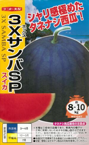 スイカ 野菜種子　『たねなし西瓜』　ナント交配　(ナント種苗) 3XサンバSP 10粒詰　/　50粒詰　/　100粒詰　【送料込み】