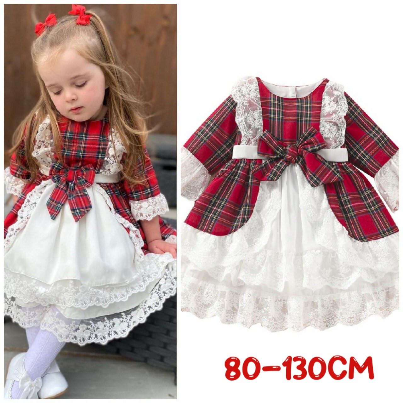 Xmas サンタ 80 90 100 110 120 130 クリスマス 女の子 ワンピース ドレス 3歳～4歳 チェック柄 リボン 子供ドレス ガールズ キッズ 発表会 結婚式 子供服 女の子 子供 ドレス フォーマル サンタ衣装 子供服 子供 子ども服 ベビー服 レッド レースのサムネイル