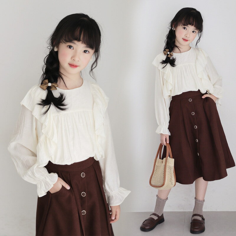 即納あり 韓国こども服 春服 ブラウス トップス 長袖 春 キッズ フリルシャツ チュニック 子ども服 アイボリー スカート ロング フレア 女の子 ブラウン 120 130 140 150 160 170