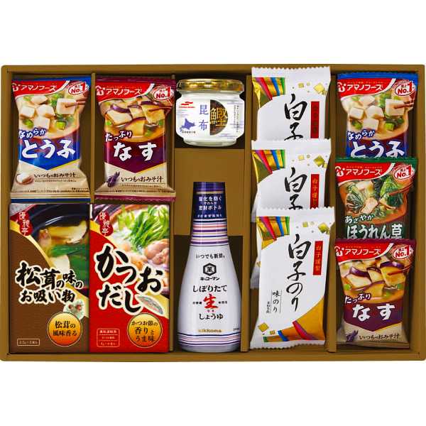 ご家庭で重宝するバラエティ豊かな食品ギフトセット。返礼品などのフォーマルギフトとして定番の調味料バラエティギフトセット。毎日の食卓で重宝する食品を詰め合わせました。●商品内容：キッコーマンいつでも新鮮しぼりたて生しょうゆ200ml、白子のり味のり（8切5枚）×3、マルハニチロ鰹昆布45g、メイワかつおだし（4g×6）、メイワ松茸の味お吸い物（顆粒）（2．5g×2）、アマノフーズフリーズドライいつものおみそ汁（なす・とうふ×各2、ほうれん草×1）●箱サイズ：40×28×7cm●箱込み重量：1kg●包装種別区分：化粧箱入こんなご用途にご使用できます 出産内祝い 結婚内祝い 結婚引き出物 結婚引出物 結婚御祝い 快気祝い 快気内祝 全快祝い 全快内祝 新築祝い 上棟祝 新築内祝 成人祝い 成人内祝 入学祝い 進学祝 入学内祝 入園祝い 入園祝 卒園祝 卒業内祝 入園内祝 進学内祝 初節句内祝い 初節句 七五三 七五三内祝 就職祝い 就職内祝 退職祝い 敬老祝い 香典返し 満中陰志 法事・法要引き物 父の日 母の日 お誕生日祝い プレゼント 還暦祝い 長寿祝 初老祝 還暦祝 古稀祝 喜寿祝 傘寿祝 米寿祝 卒寿祝 白寿祝 長寿祝お返し 退職記念 記念日 お中元 お歳暮 ゴルフコンペ ボーリング大会 賞品 記念品 法人 大口 ノベルティメーカー希望小売価格はメーカーカタログに基づいて掲載しています。 ※商品はご注文後の手配となりますので完売の際はご容赦ください。